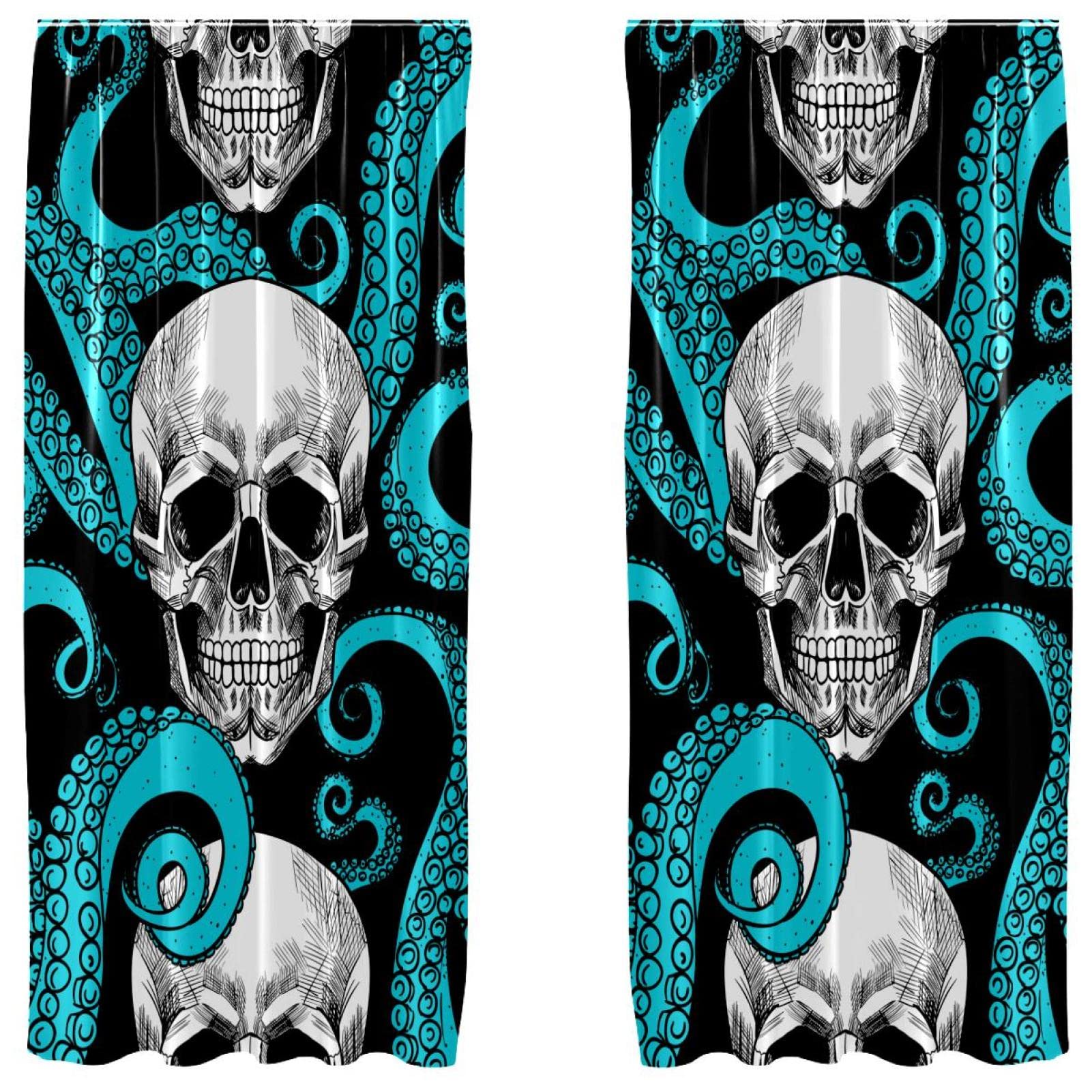 Cortinas de pulpo azul y calavera juego de 2 paneles con bolsillo para barra 55x84 pulgadas