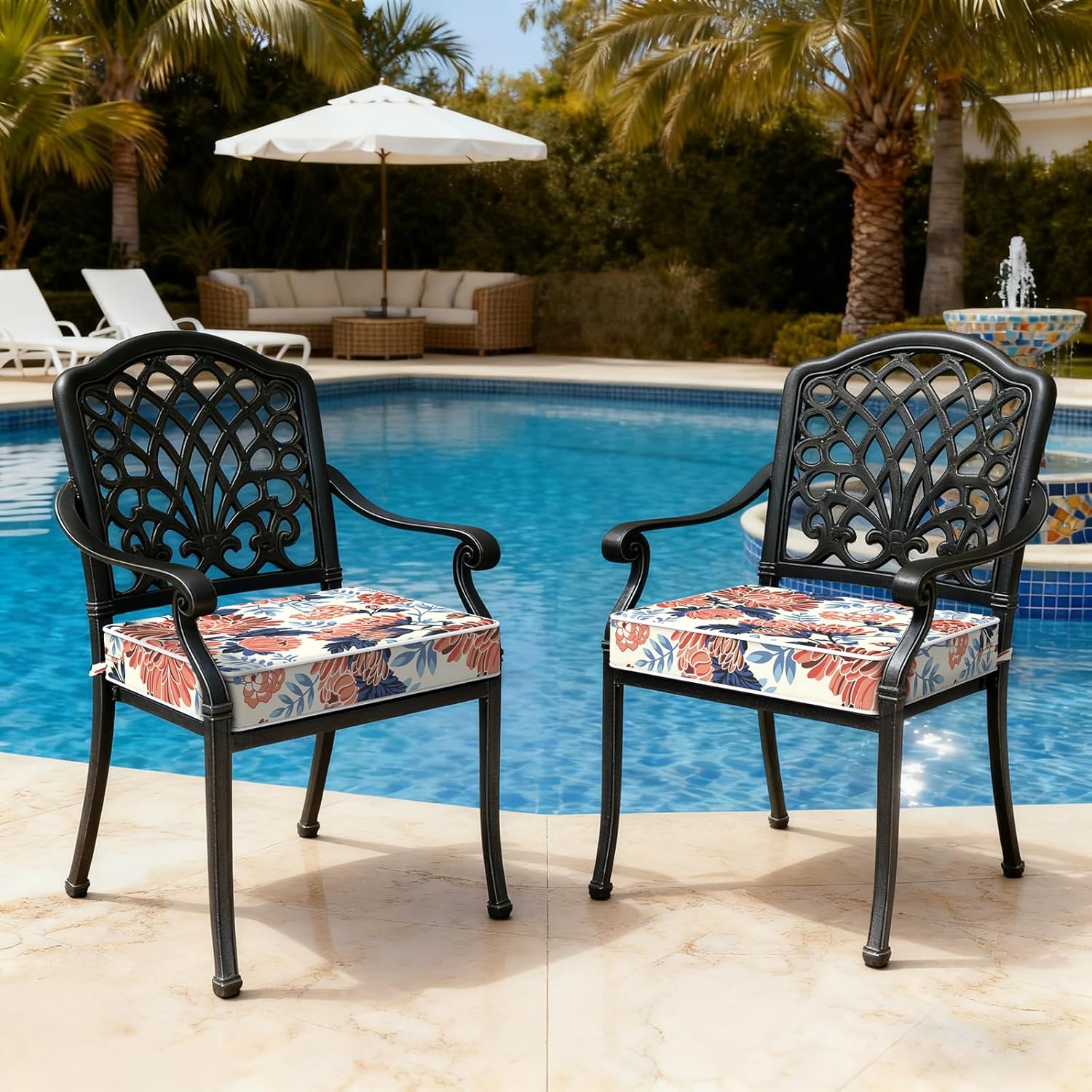 Outdoor Chair Cushions 18.5x16x3 Inch, Patio Seat Cushion Furniture with Adjustable Straps Set of 2, Water Repellent Chair Pads with Couch Sofa in Garden, Red Chrysanthemum