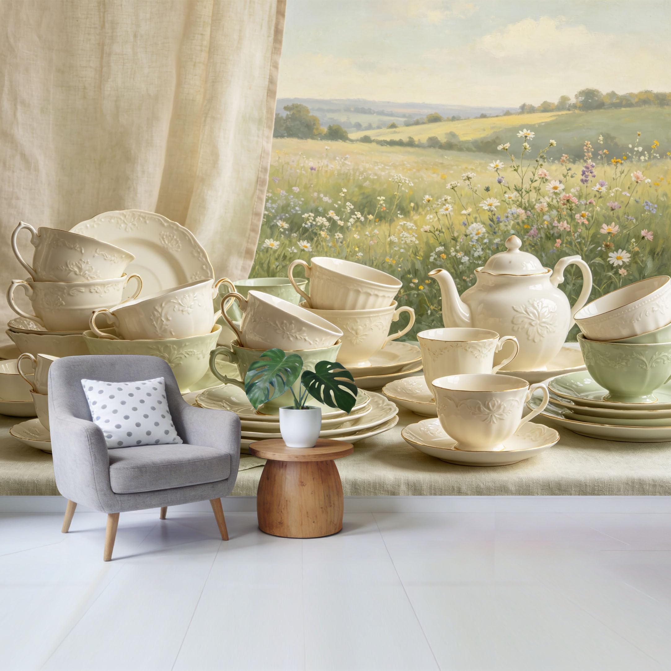 Qzlithotic Yq2605251168 Custom Size Wall Mural Pastoral Landscape Wildflower Meadow Vintage Tea Set Oil Painting Style Selfadhesive Wall Fabric Removable Wallpaper For Home Office Decor