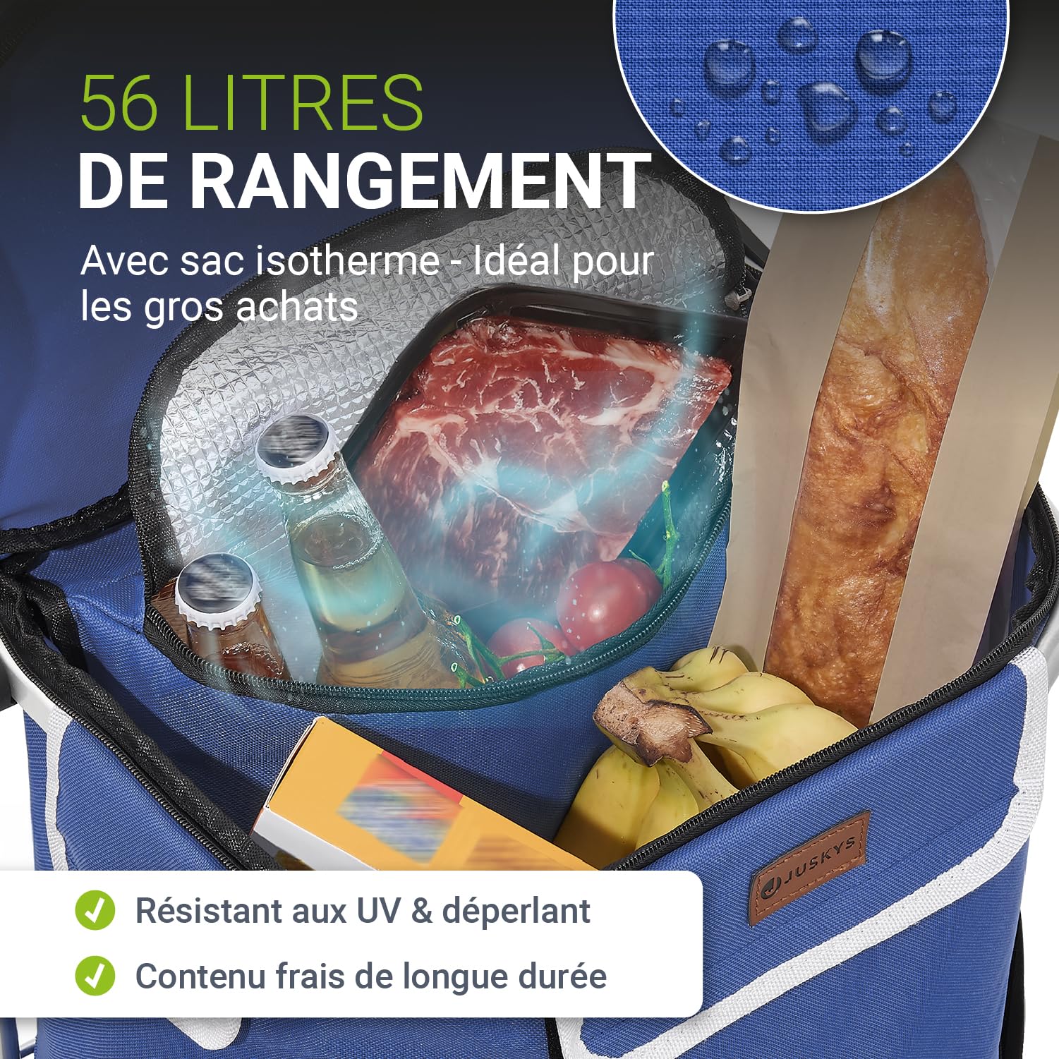Juskys Chariot de Courses 3 en 1 avec 2 Roues pour Le Shopping - Sac Amovible de 56 L - Chariot Pliable & Moderne - Chariot de Courses Bleu foncé