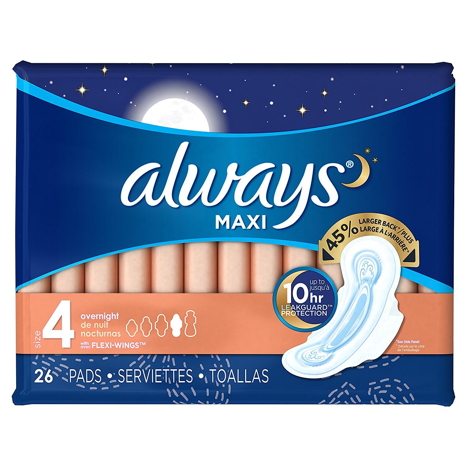 Always Maxi Overnight Pads with Wings, Size 4, Overnight, Unscented, 26 CT Size 4 (26 Count) 28