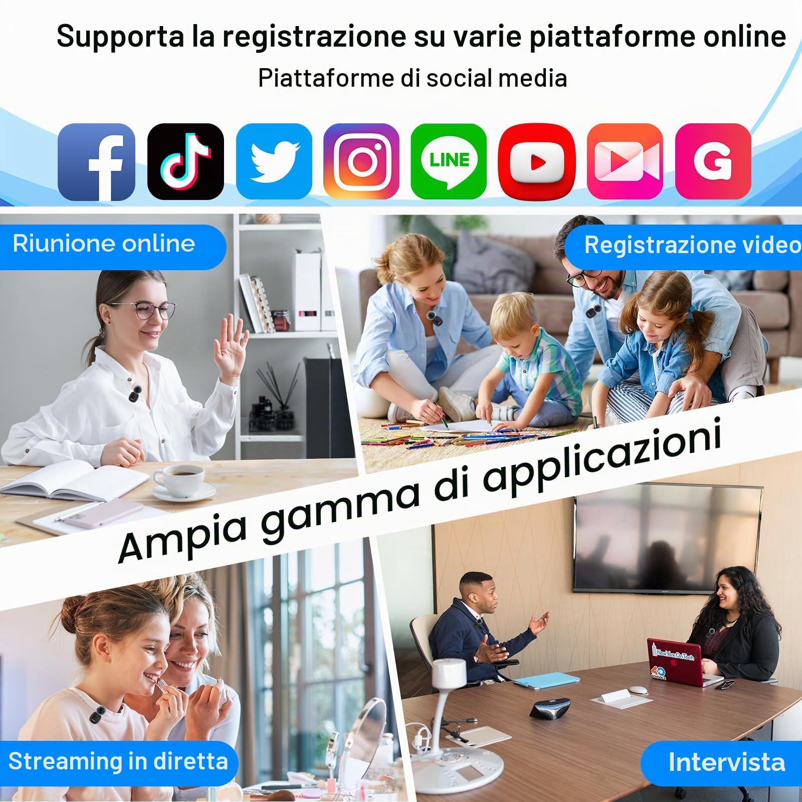 OSA Microfono Wireless 3 in 1 per Fotocamera, IOS Phone, Android e Laptop, 8 Ore di Lavoro Lungo Microfono da Bavero con Riduzione del Rumore per Registrazione Video, Vlog, YouTube, TikTok