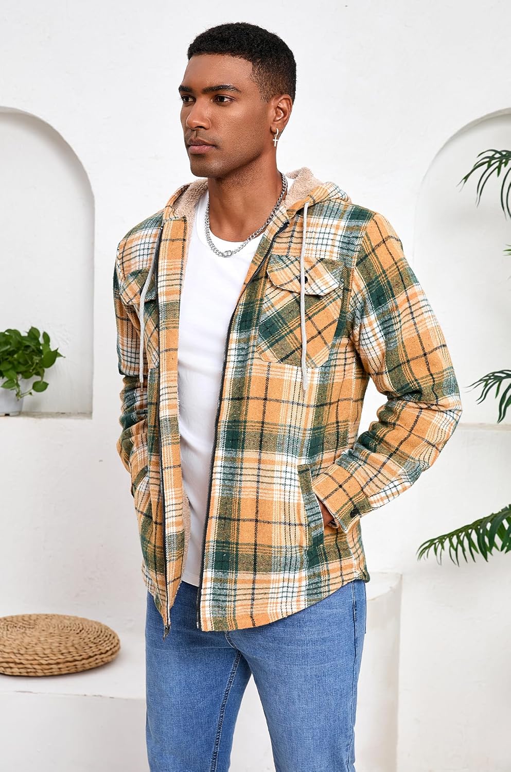 Men's Zip Up Flannel Shirt Jacket Fleece Lined Long Sleeve Plaid Coat Heavyweight Hoodie with Hood - Image 5