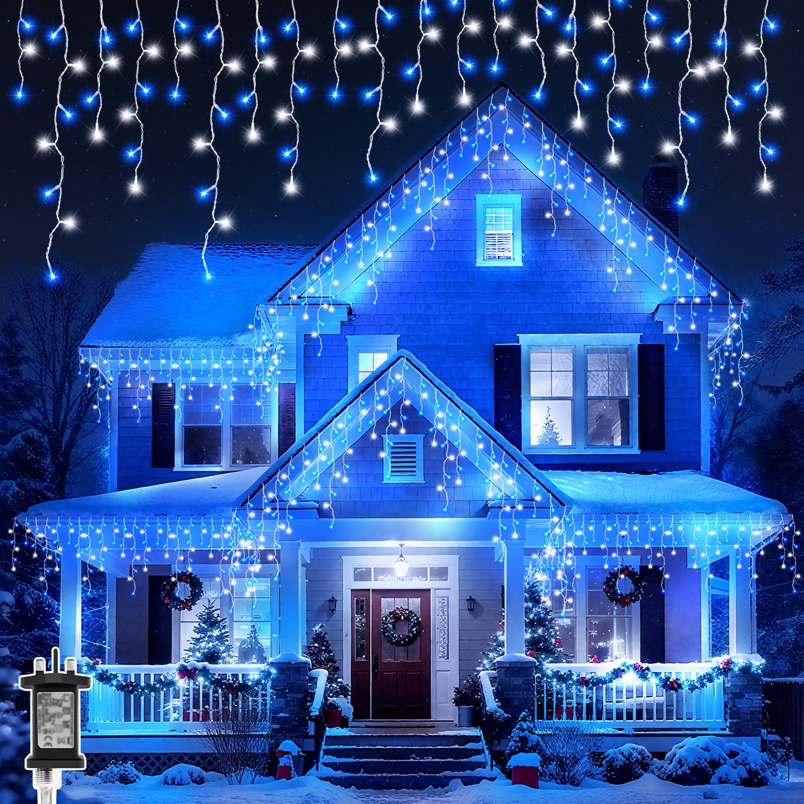 Dalugo Icicle Lights Outdoor, 15M+10M 480 LED Blue White Christmas Lights Plug in with 6 Hours Timer, Memory Function, Waterproof for Balcony, Roof, Window (Clear Cable)