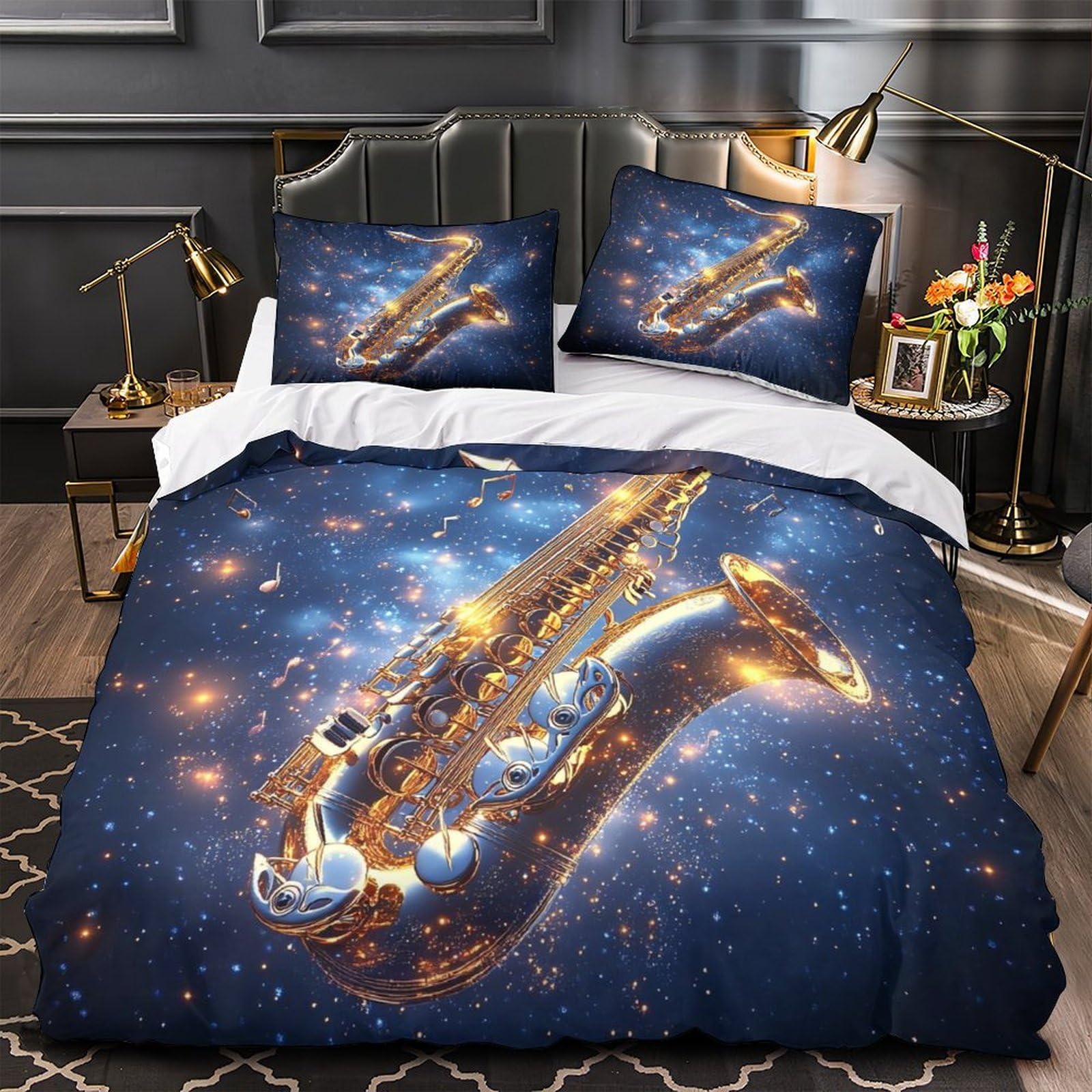 Saxophone doré parure de lit 140x200cm housse couette microfibre