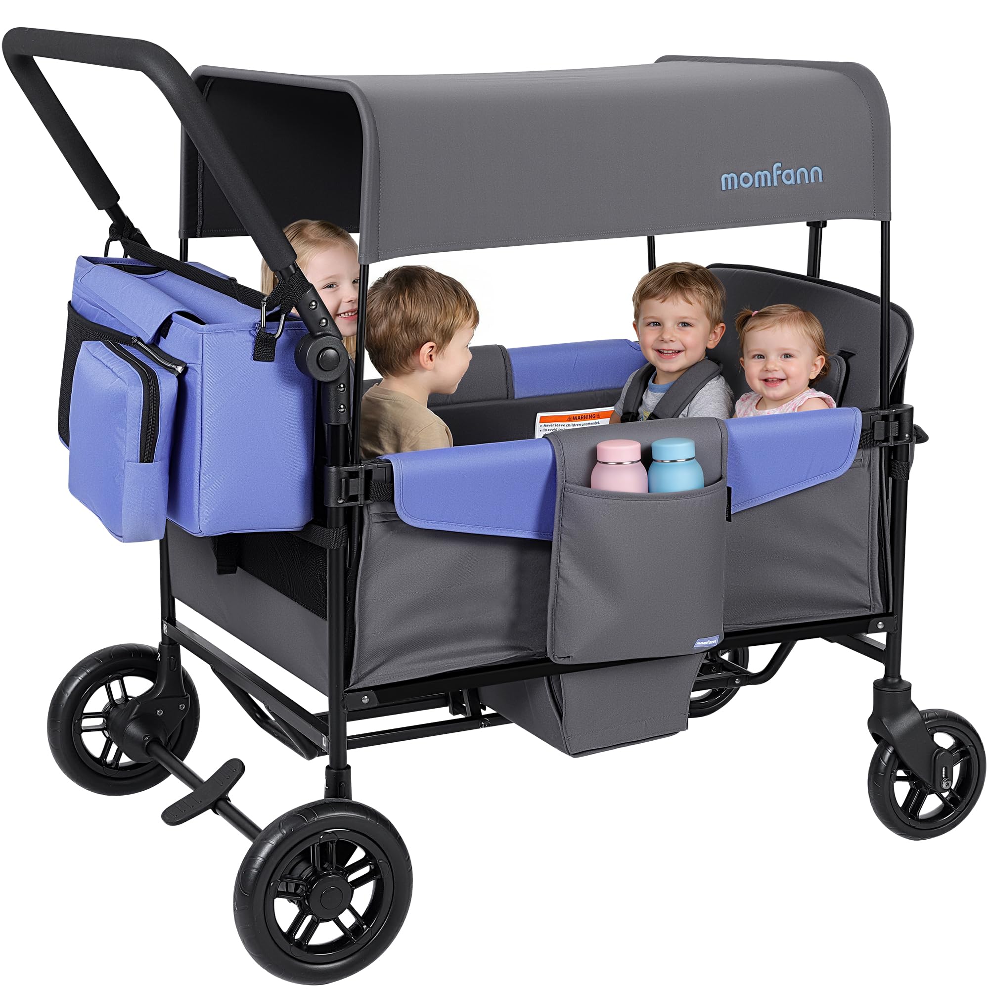 MOMFANN Wagon Stroller for 4 Kids, All-Terrain 4-Seater Folding Wagon with 5-Point Harness, Adjustable Push-Pull Handle, Removable Canopy, Oversized