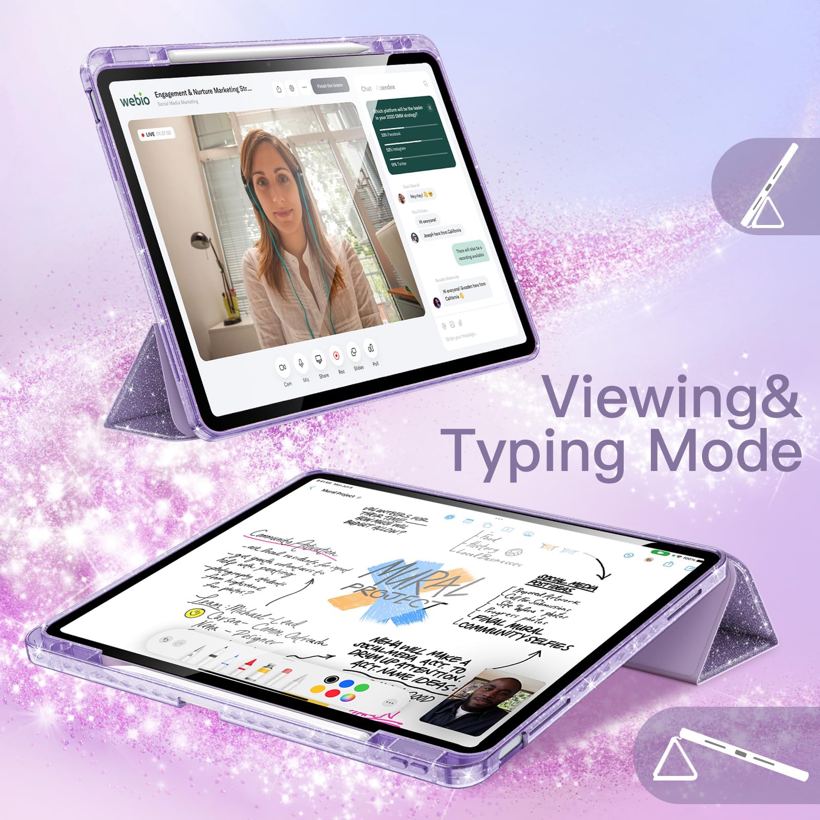 JETech Glitter Etui do iPad Air 11 Cala M4/M3/M2 (2026/2025/2024), iPad Air 5/4 (2022/2020 5./4.) z Pencil Uchwyt, Urocze Błyszczące Szczupły Osłona dla Dzieci i Dziewcząt (Fioletowy)