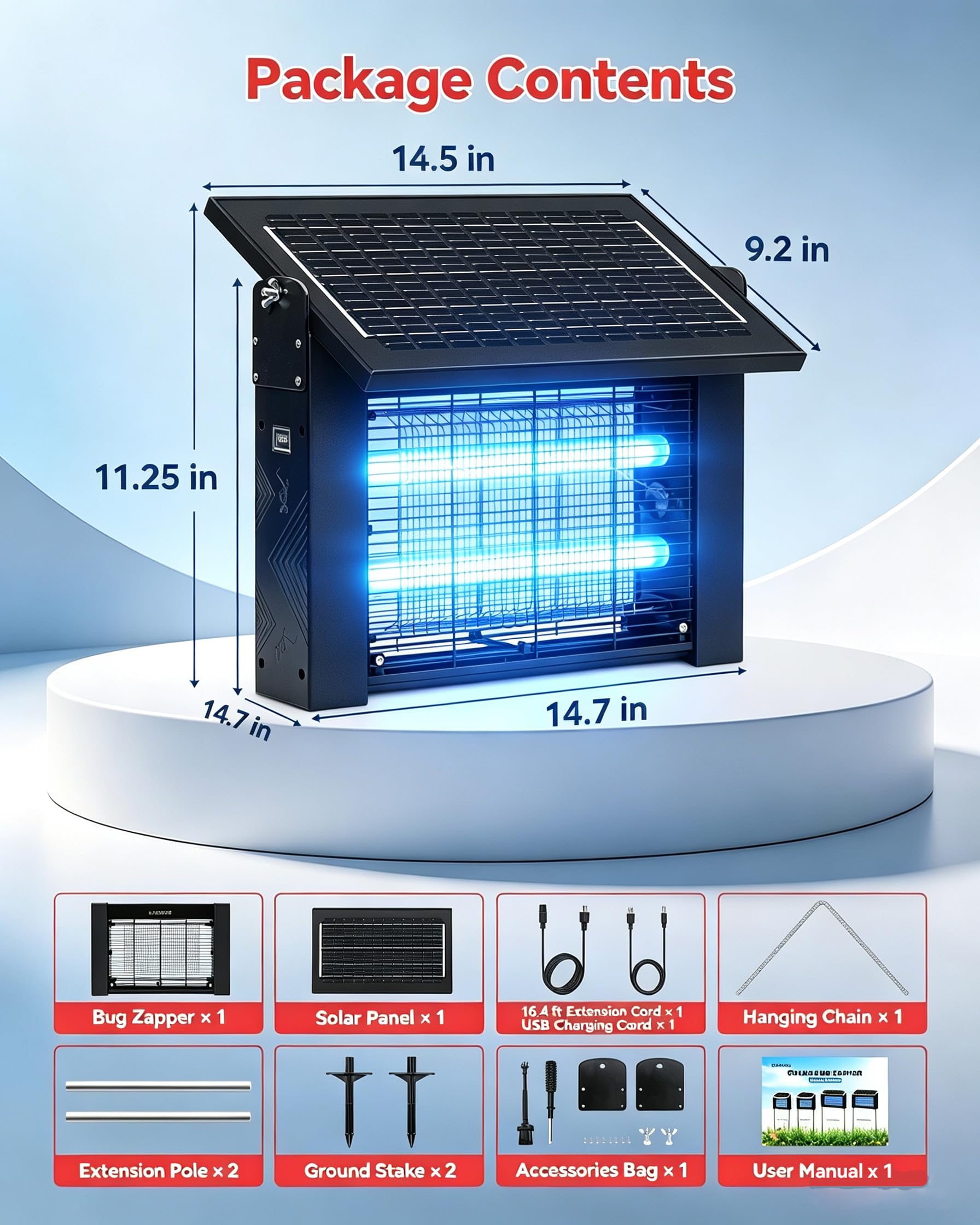 LANGY Exterminador solar de insectos de 10 W para exteriores, 4500 V, para exteriores, impermeable, con UV 365 nm, batería de 5 Ah, cable de 16.4 pies y cepillo, trampa inalámbrica recargable para