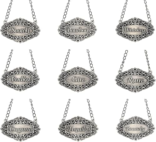 Etiquetas para decantador de licor – Juego de 9 etiquetas de licor: whisky, whisky, vodka, ginebra, ron, coñac, tequila, brandy | Cadena ajustable |