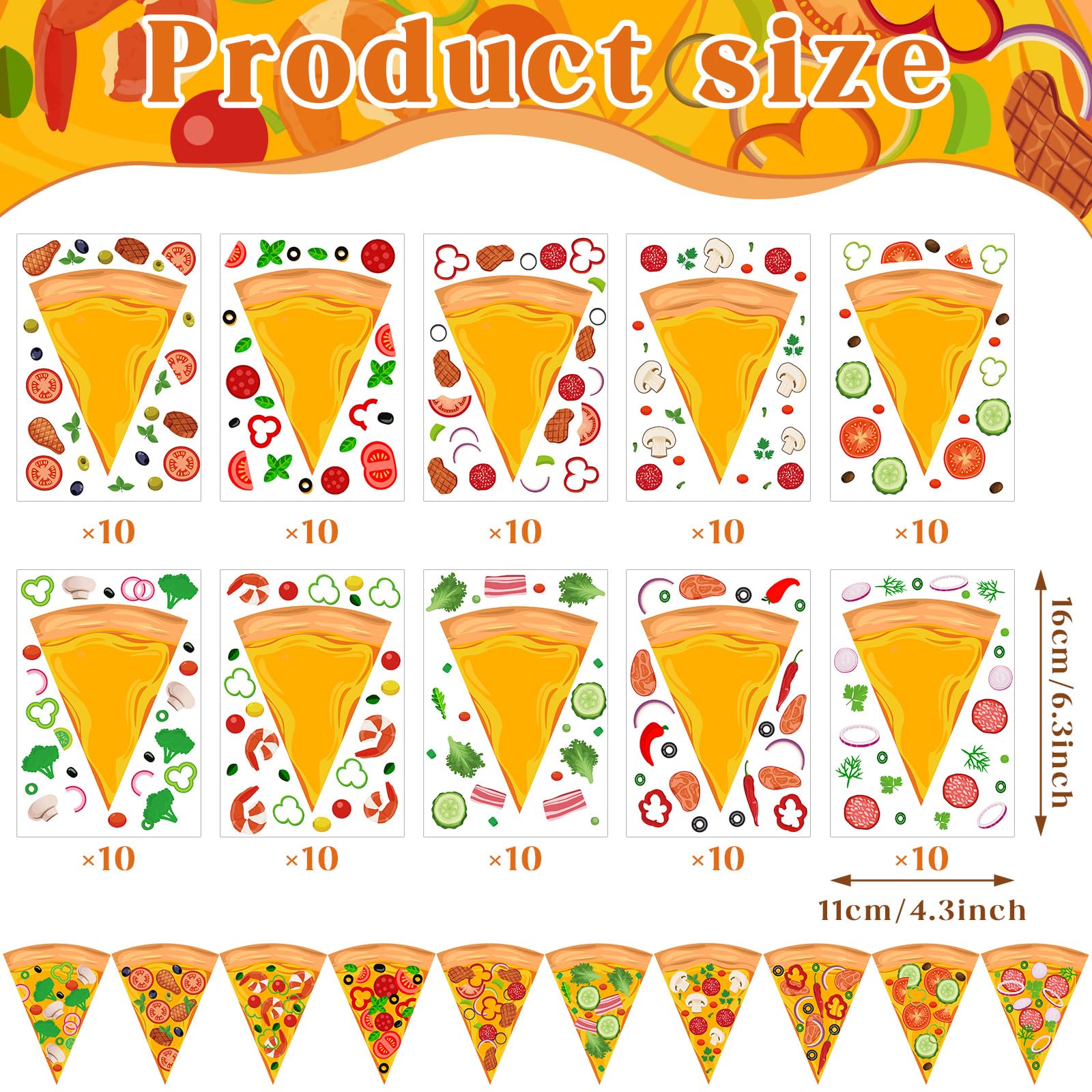 Resurhang Pizza-Aufkleber für Kinder, Pizza-Aufkleber, niedliche Partygeschenke, Dekorationen, gemischte und passende Aufkleber, DIY-Aufkleber für Kindergeburtstag, Themen-Projekt, Geschenk, 100 Blatt
