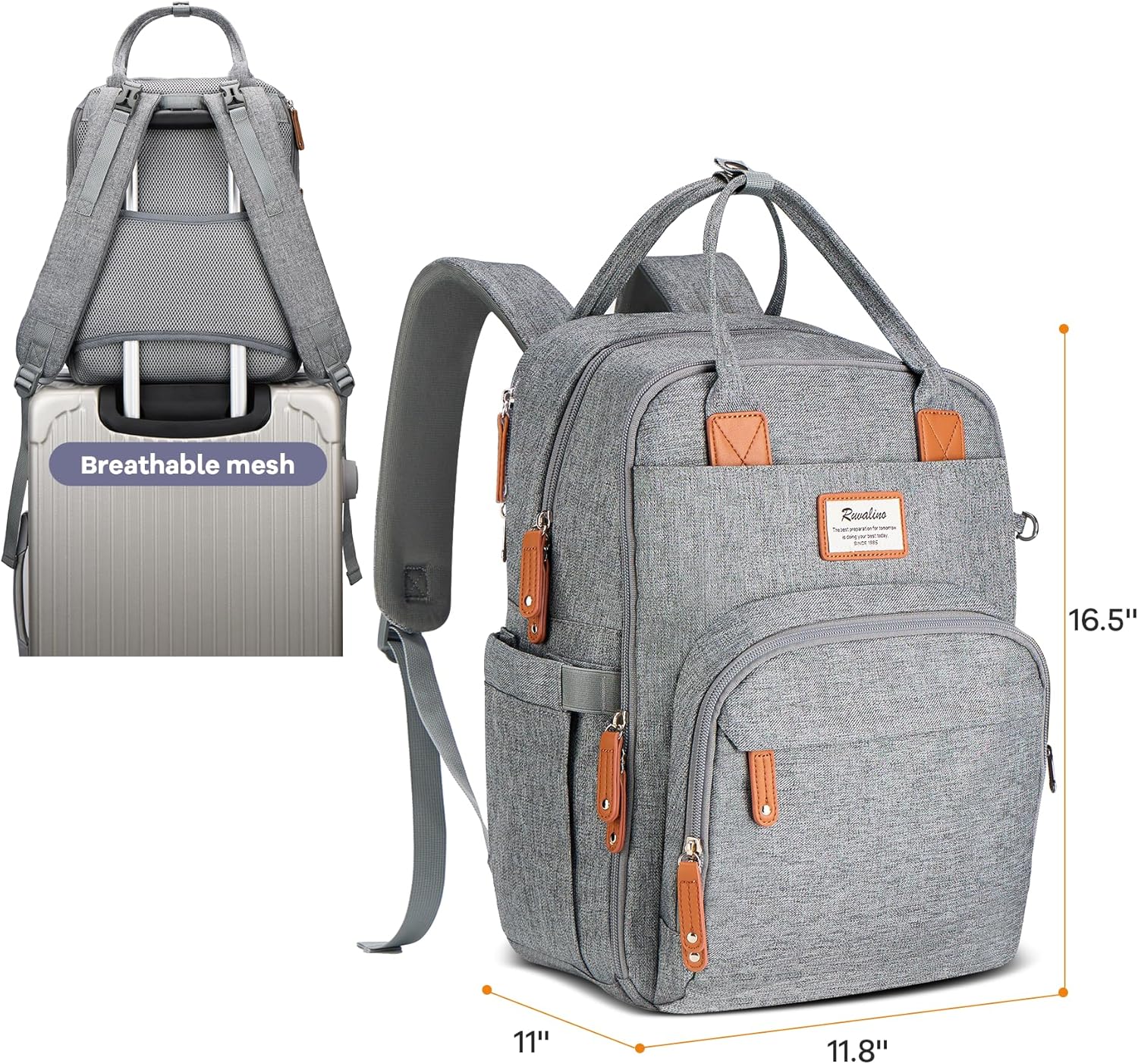 RUVALINO Diaper Bag Backpack-Expandable Baby Bag with up to 50% Capacity -Baby Essentials Bag with Changing Pad Insulated Bottle Holders & Pacifier Case, Waterproof, Gray XL