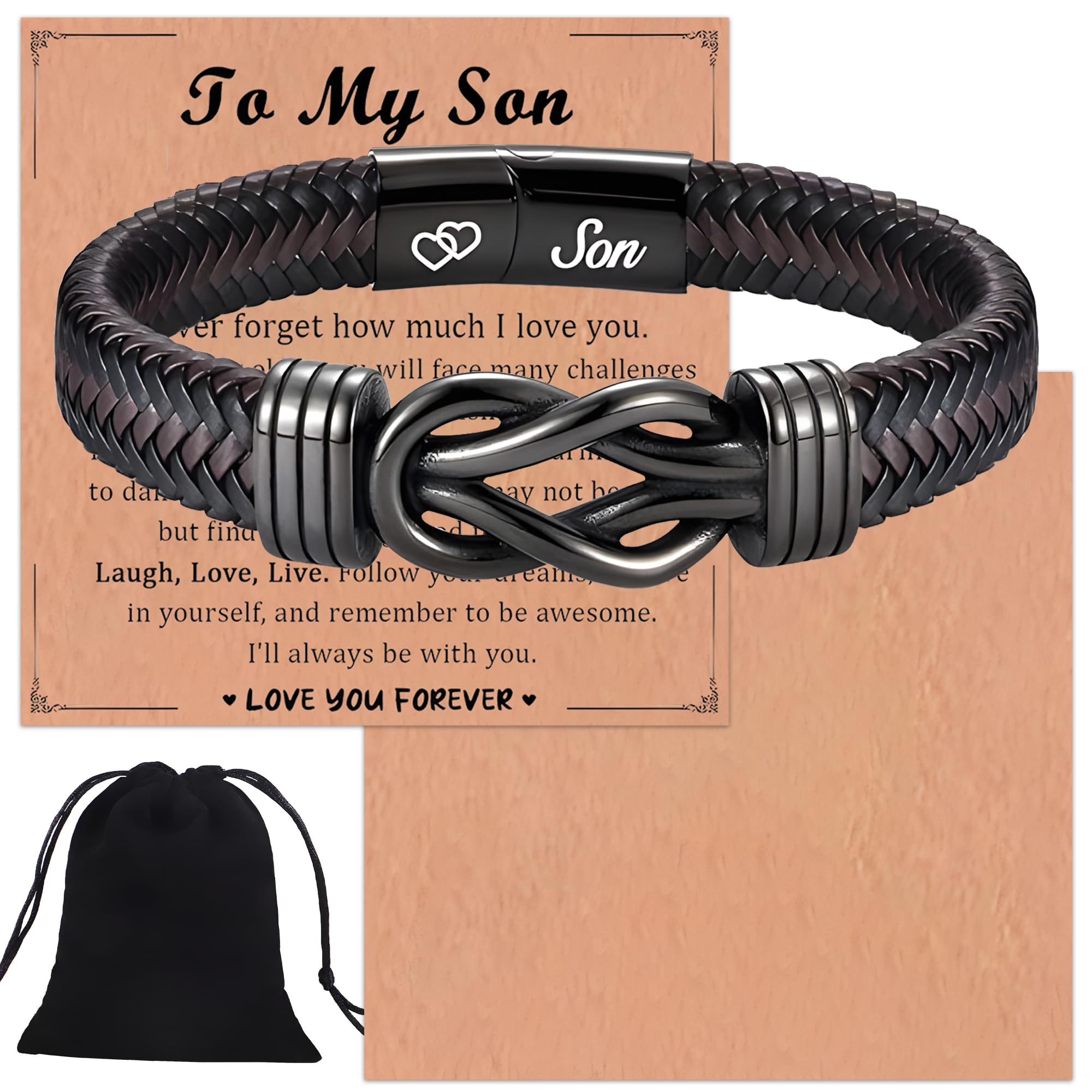 4PCS Leather Boys Bracelet Sets-TO MY SON Bracelet with 2pcs Cards&Black Velvet Pouch,Birthday Gifts for Son Grandson Brother Dad Husband,Teenage Boy Gifts for Him on Christmas Day Birthday Party
