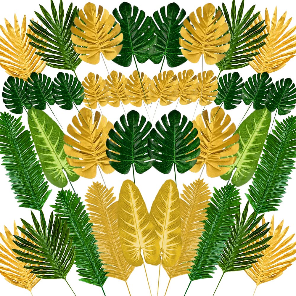 Aweyka 66 Pieces 10 Kinds Artificial Palm Leaves with Stems Tropical Jungle Leaves Hawaiian Party Decorations for Tropical Luau Party Decorations Baby Shower Wedding Birthday Decorations