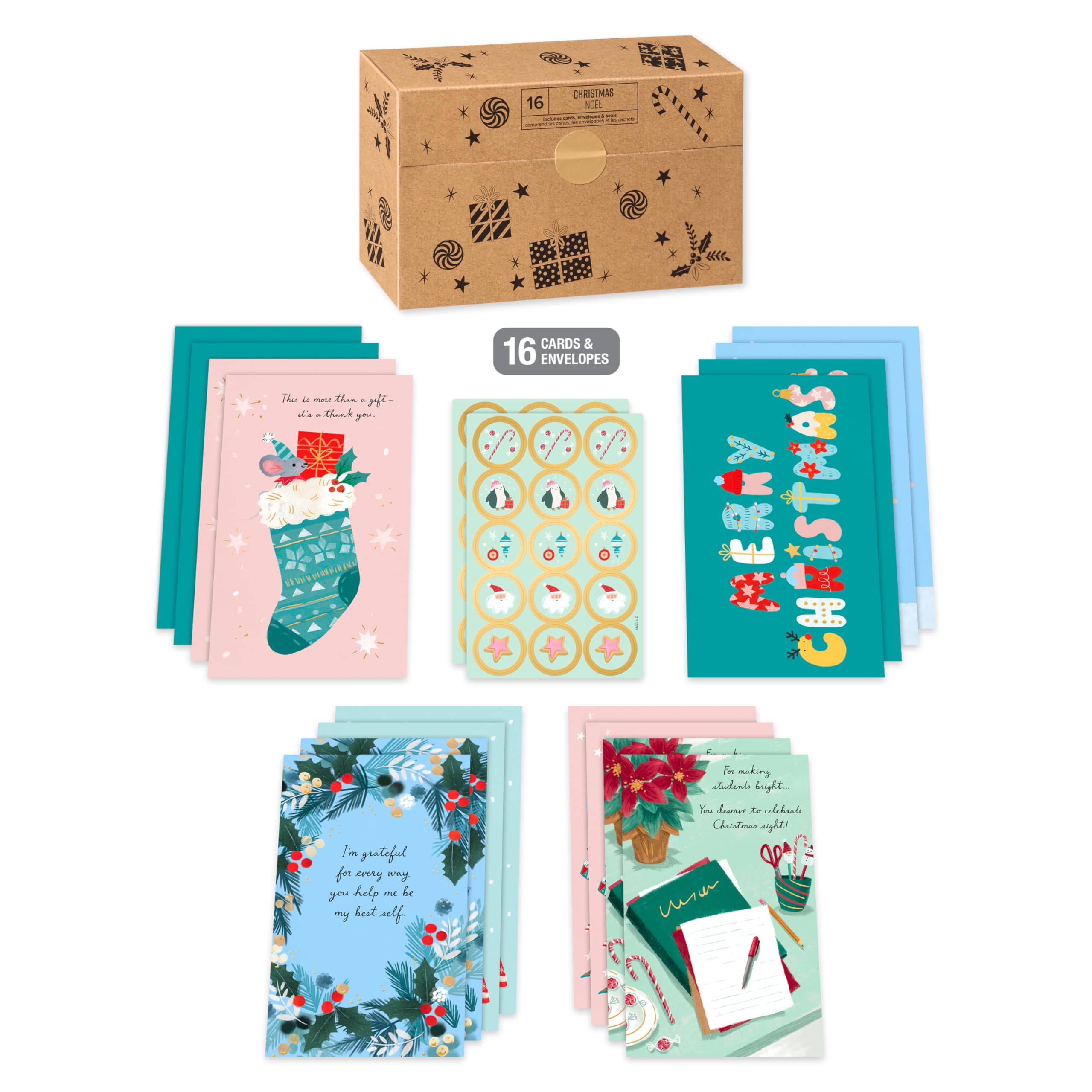American Greetings Assortiment de 16 cartes de Noël avec enveloppes et autocollants pour enseignants, baby-sitters, soignants