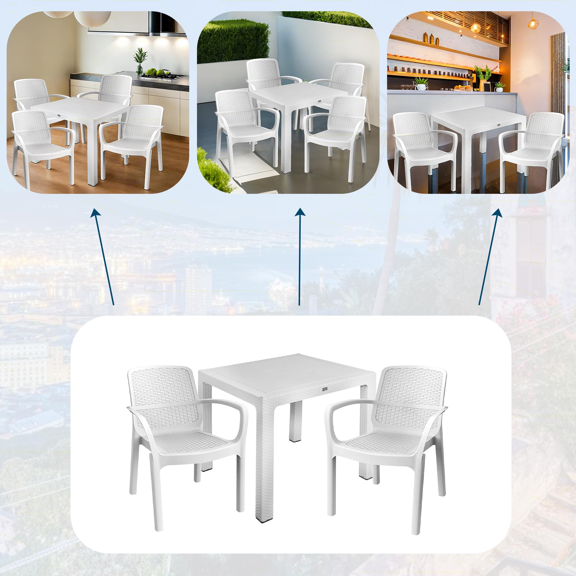 Sicignano | Set per Esterni Sedia Numana Tavolo 90x90cm, Impermeabili, Impilabili, Resistente UV, Ideale per Interno Esterno Bar Ristoranti Locali Commerciali (1, 4 Sedie 1 Tavolo)