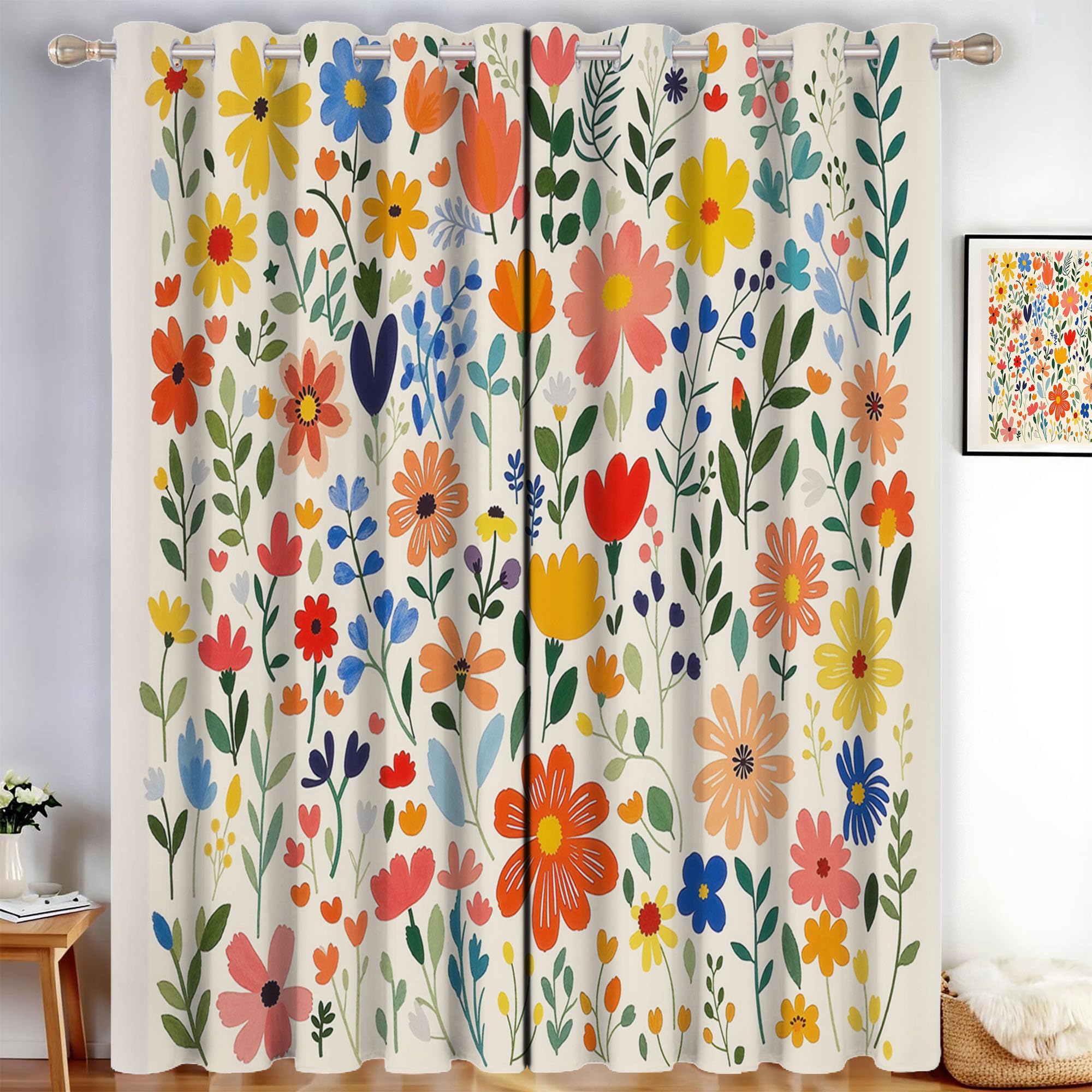 Handbemalte Blumen Blätter Vorhänge, Schöne Landschaft Vorhang Blickdicht Thermo Verdunkelungsvorhänge Mit Ösen - Beige Gardinen Wohnzimmer Schlafzimmer Fenster - H214 x B91.5 cm (2er Pack)