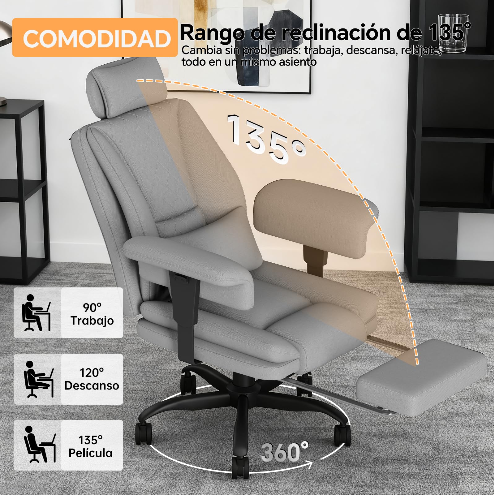Silla Oficina Ergonomica con Respaldo Alto, Silla Escritorio Ejecutiva 200KG, Silla Gaming de Asiento Ancho Reposapiés Soporte Lumbar, Silla Escritorio Reclinable Reposabrazos Elevables, Gris