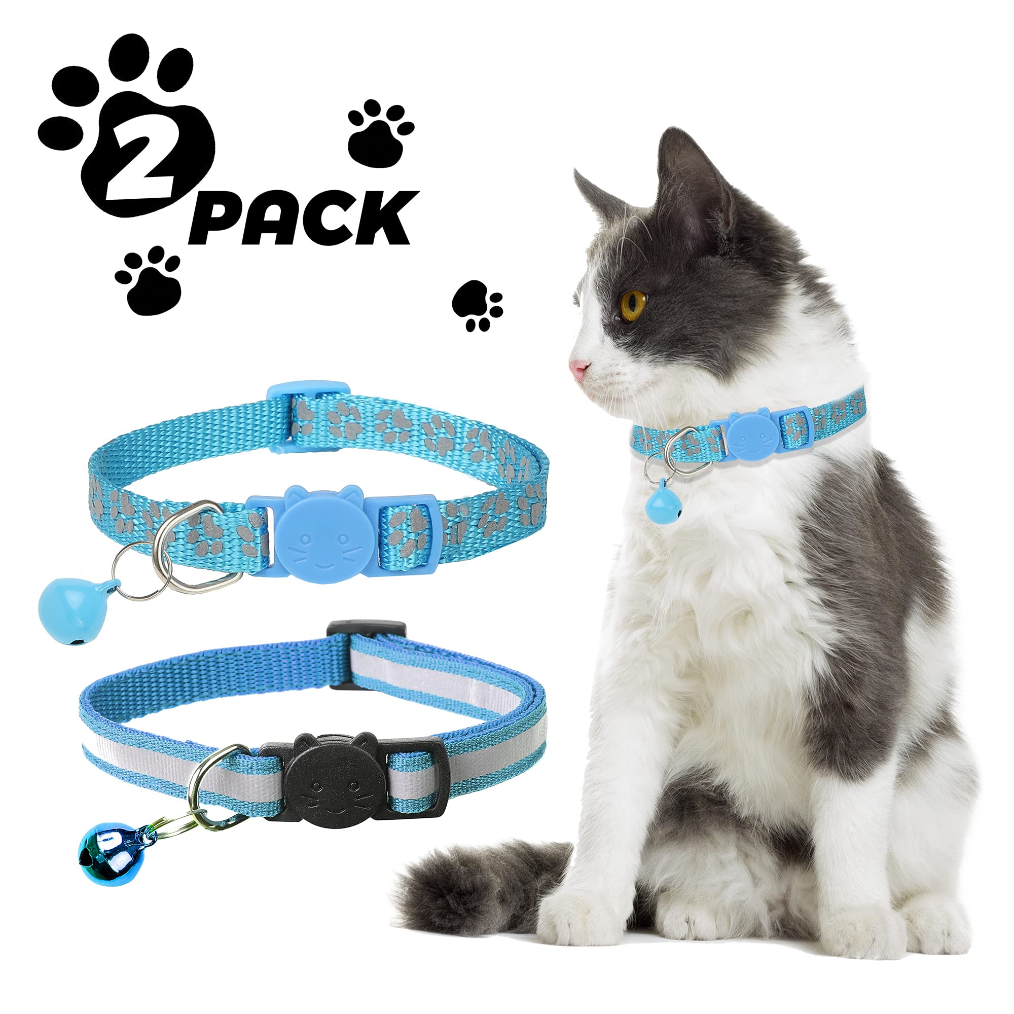 Reflektierendes Katzenhalsband, mit Glöckchen, personalisierbar, verstellbare Sicherheitsschnalle, Halsband für Männer, Katzen, Mädchen und Jungen, Himmelblau, 2 Stück