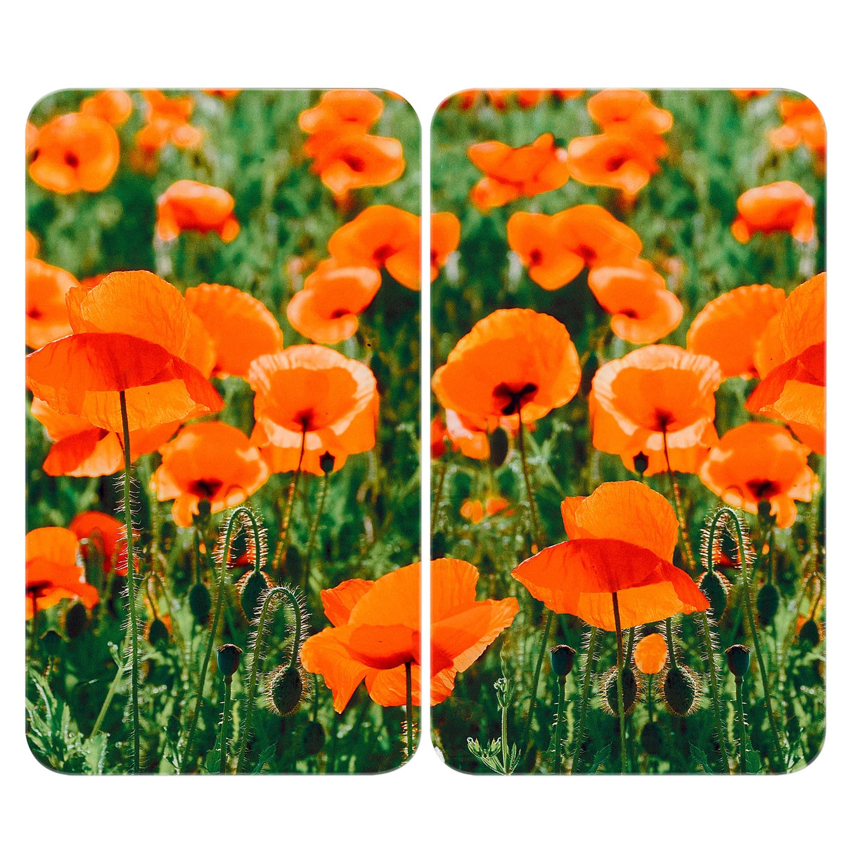WENKO Plaque de Recouvrement Universelle Mod. Champs de Coquelicots, réglable en hauteur pour tout type de cuisinière, planche à découper et protection anti-éclaboussures, verre, 30 x 52 cm, 2 pièces