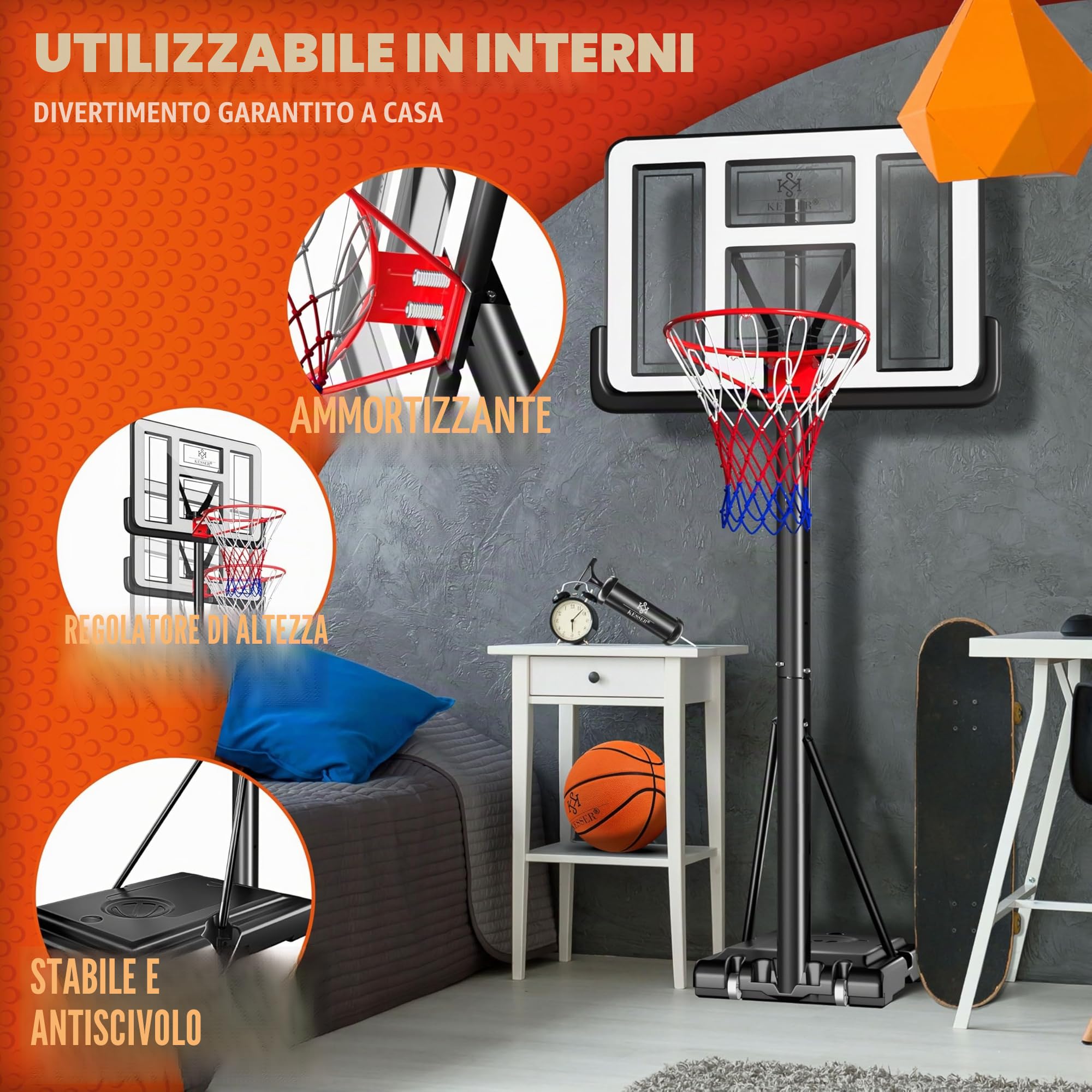 KESSER® Canestro di basket Premium con supporto e rotelle incl. pallone da basket + pompa; altezza canestro regolabile da 230 a 305 cm; impianto basket da esterno completo