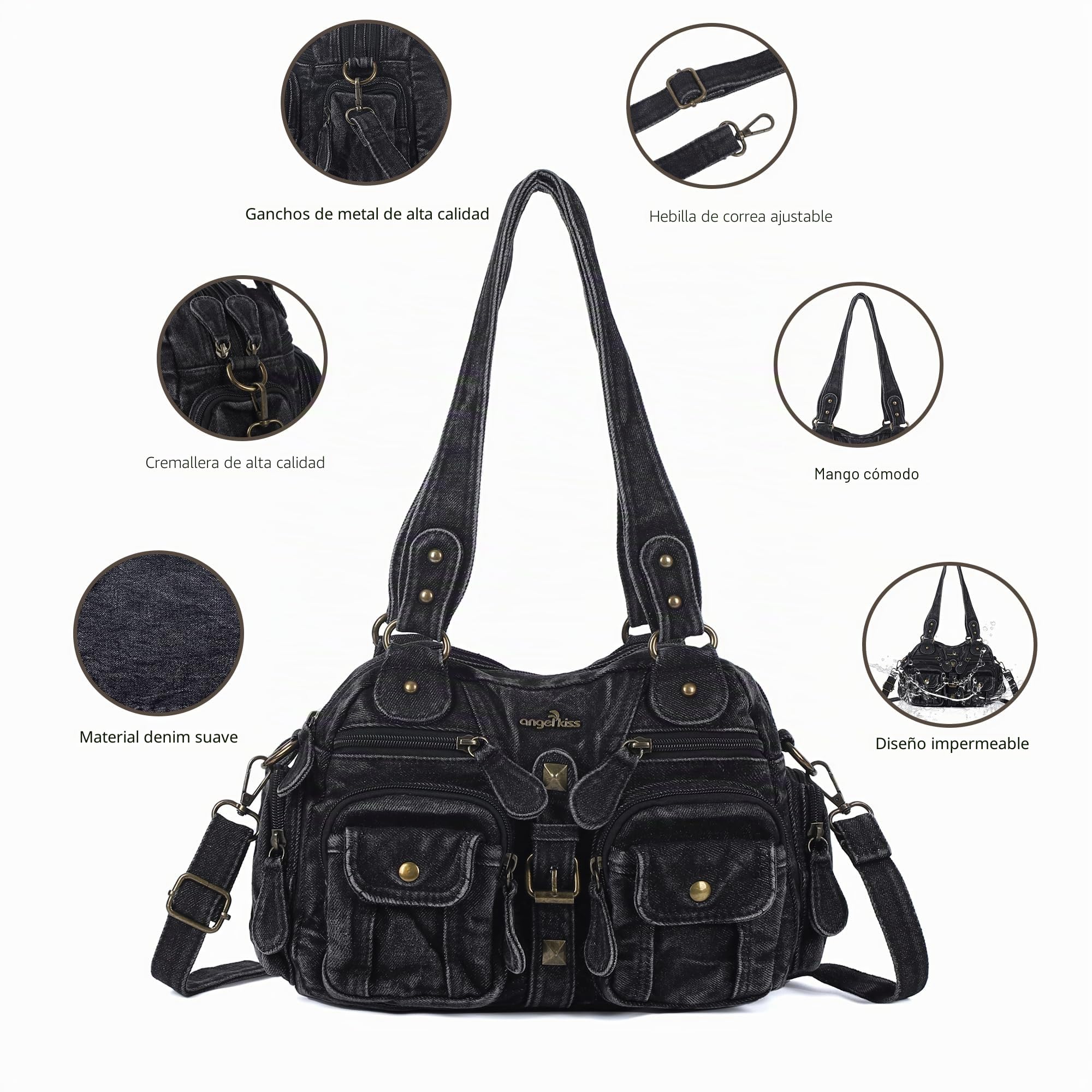 Angel Kiss Bolso Bandolera Mujer Tote Bag PU Cuero Versátil con Múltiples Bolsillos y Cremallera,Ideal para Trabajo, Compras, Viajes,Escuela y Ocasiones Casuales