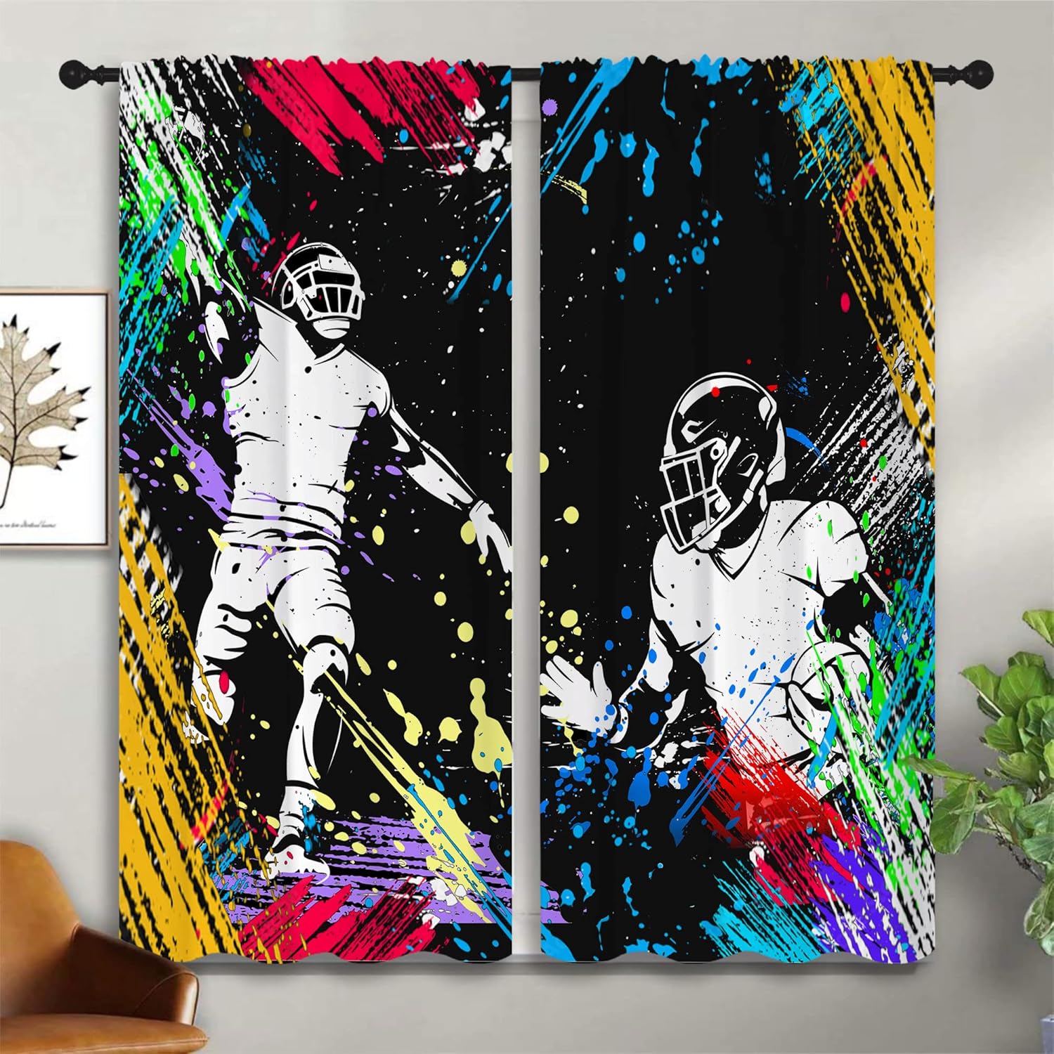 Football Player Rod Pocket Blackout Curtains for Boy Girl Bedroom, Sports Abstract Art Watercolor Splashing Style Light Filtering Window Drapes for Living Room Home Decor Privacy, 42x63 inch