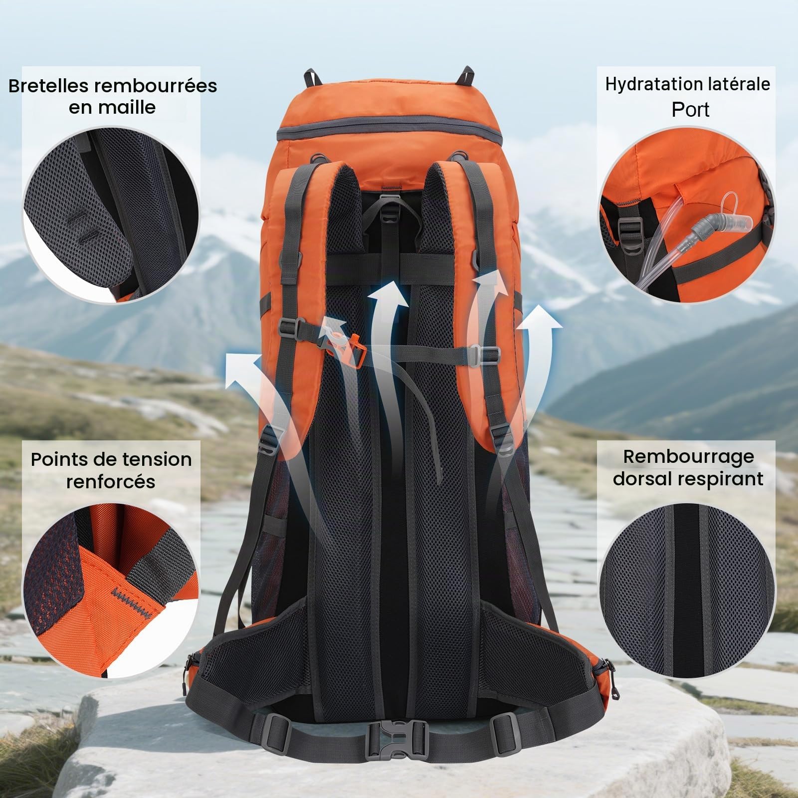 Sac à Dos de Randonnée 70L avec Couvre-pluie, Imperméable pour le Camping et le Voyage. Idéal pour les Sports Outdoor, l'Escalade, le Trekking et la Randonnée. Bagage Homme et Femme (Orange)