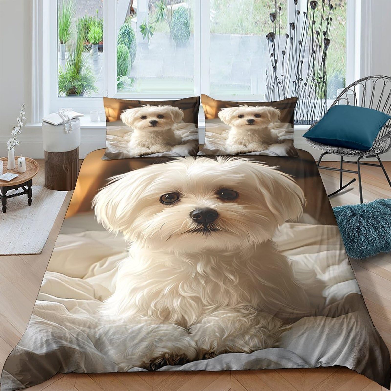 Ctjqhvkz Style-3 3D Printed White Puppy Fitted Sheet Microfiber Non-Slip Cute Dog Bed Sheet Machine Washable Bedroom Decor Single（135X200cm）