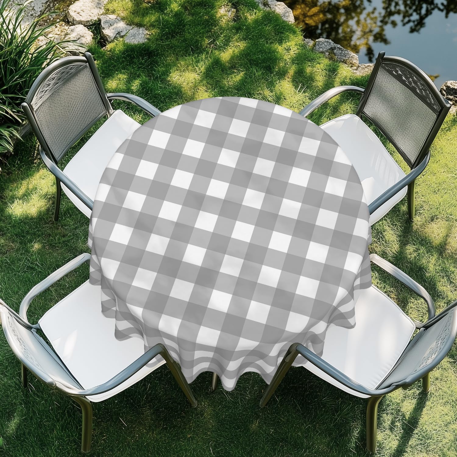 ARTSGOO Gray checkered Round Tablecloth 60 Inch Durable Wipe-Clean Waterproof Table Cloth for Dining Table, Kitchen, Party, Wedding & Outdoor Use - Gray checkered