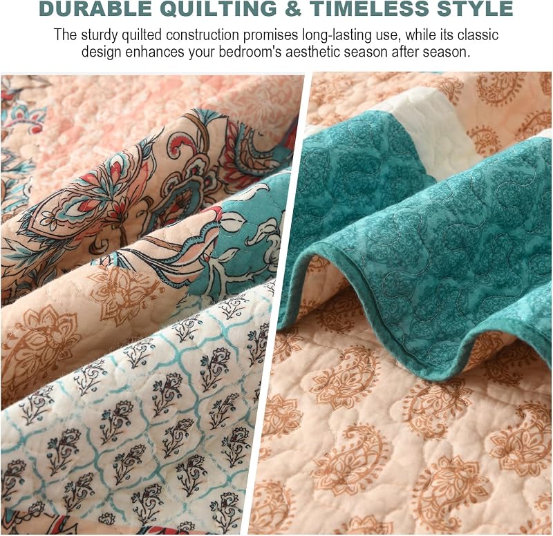 FineStichery 100% Cotton King Quilt, Paisley Floral Bedding Set 3 Piece image 5