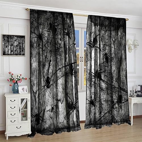 Miniatura 4 de Cortinas de bosque espeluznante, arañas góticas de bosque con niebla, árboles muertos, telarañas de telarañas de Halloween, estilo de fiesta de