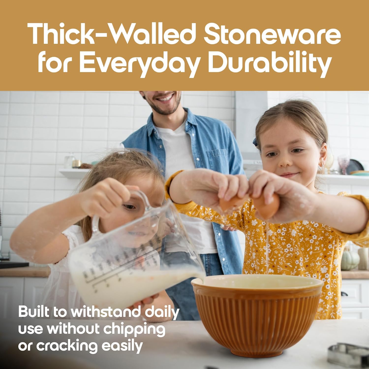 Omniware Simsbury Mixing Bowls, Set of 3 - Nesting Stoneware Bowls for Baking & Cooking - 30 oz, 75 oz, 112 oz - Dishwasher Safe, Durable Kitchen Essentials for Everyday Use (Honey)