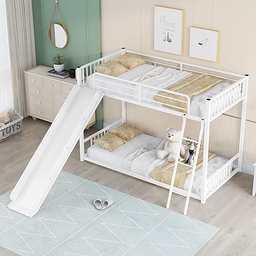 Miniatura 4 de Harper & Bright Designs Literas de metal de tamaño individual sobre individual con tobogán para niños, literas individuales resistentes con escalera