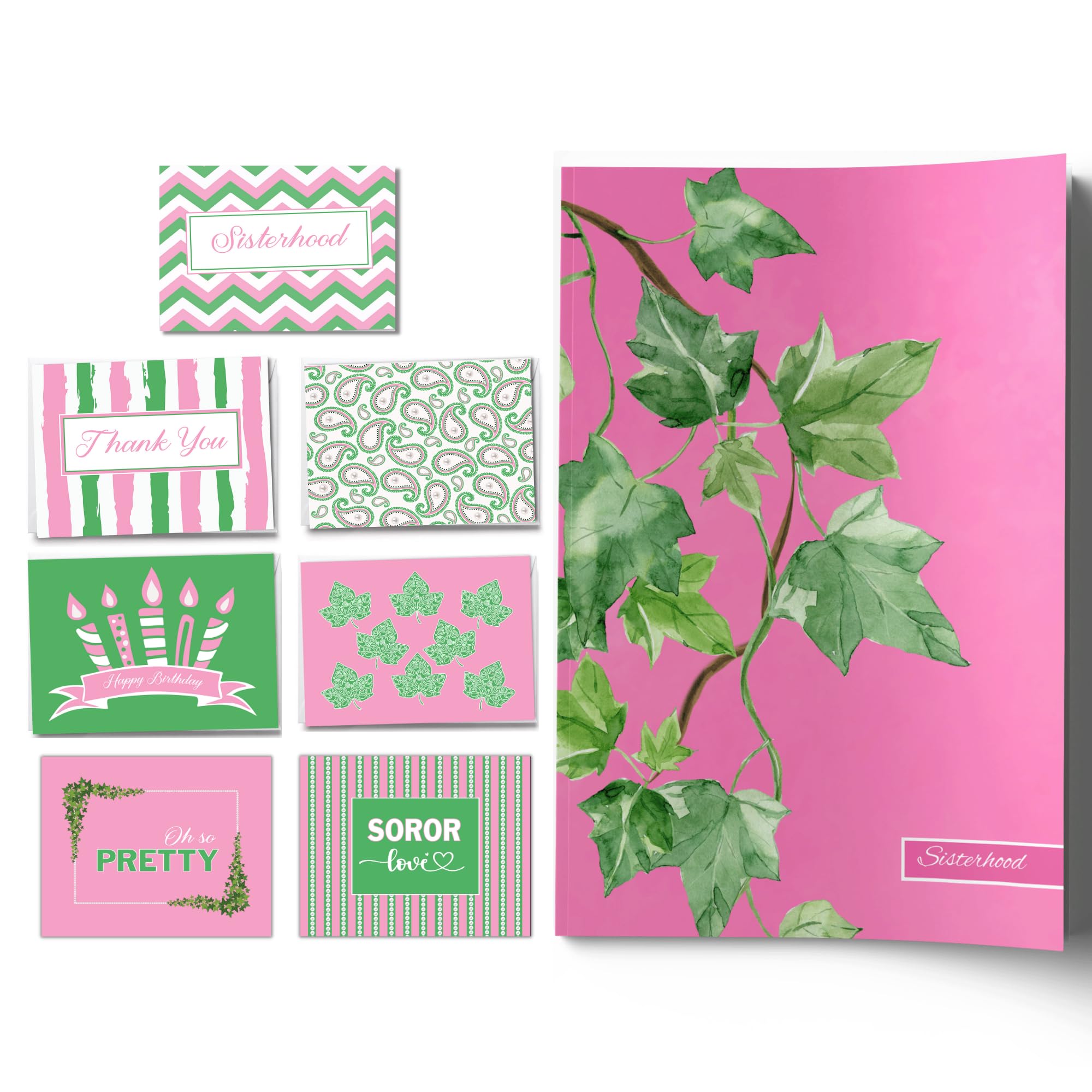 Pink and Green Journal and 15 notecards |Sorority Inspired | Thank you, Birthday and Sisterhood greeting cards