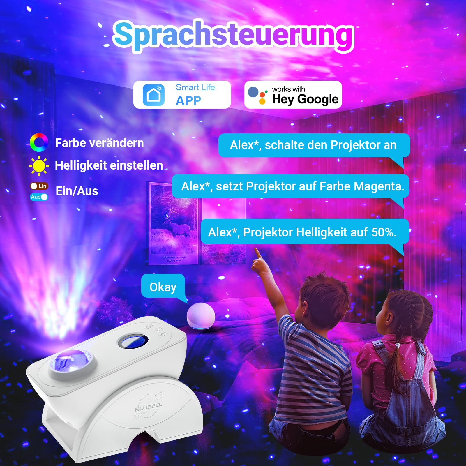 Blubbel LED Sternenhimmel Projektor, WLAN Sternenprojektor, 3D Galaxy Lampe Nachtlicht, App-/ Sprachsteuerung, Star Projector, Sternenlicht Galaxie, Alexa/Google kompatibel, Baby, Kinder, Schlafzimmer