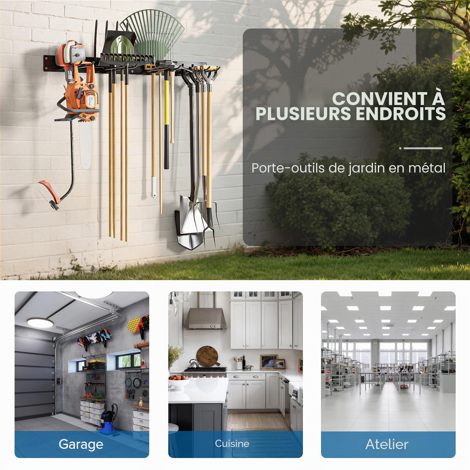 Urban Deco Support mural en métal pour Outillage de Jardin, capacité de charge de 150 kg, avec 4 crochets doubles et 2 panneaux, pour outils de jardin dans le garage, le jardin, la cave, noir