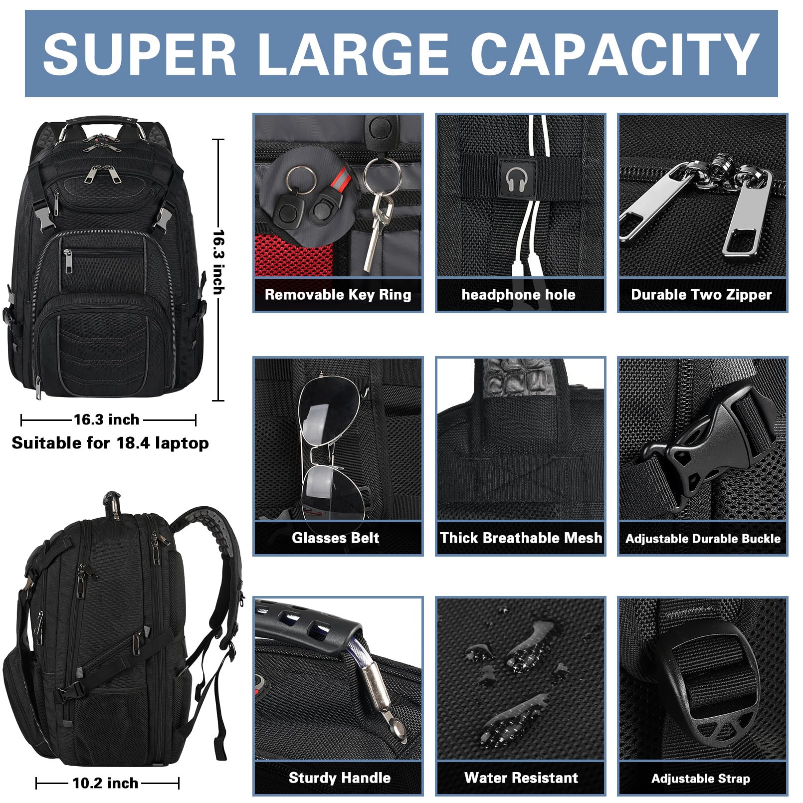 Zaino per computer portatile da 18,4 pollici, zaino da viaggio extra grande grande capacità borsa per computer resistente durevole scuola universitaria Bookbag, Rfid 18.4 Inch Grigio