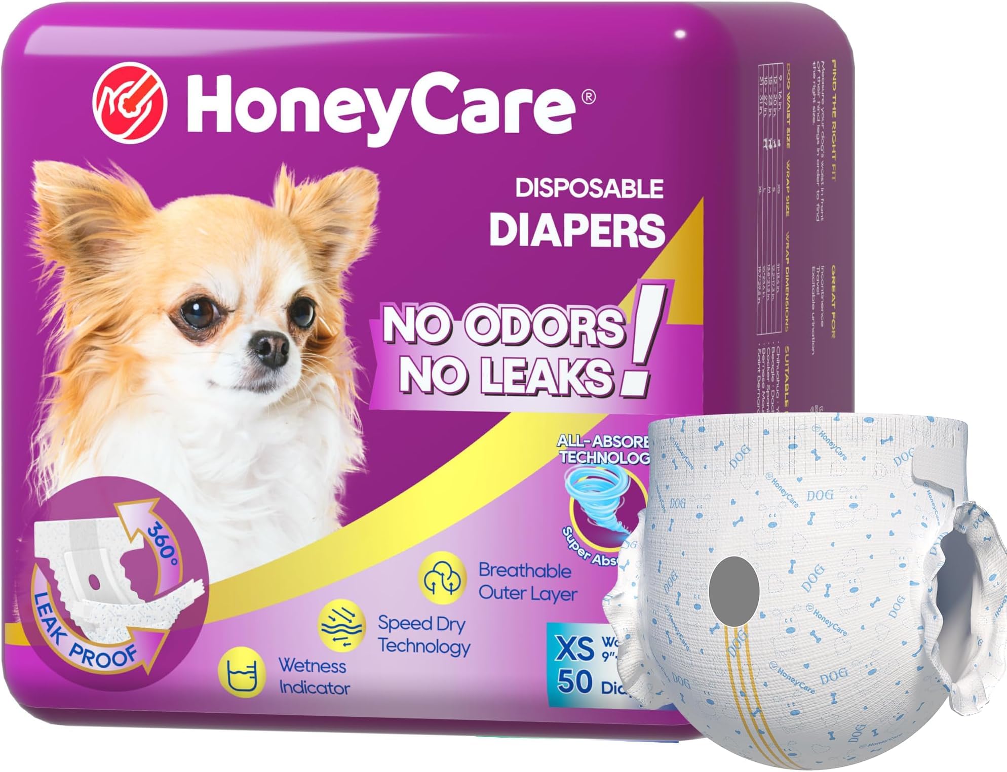 HONEY CARE All-Absorb Disposable Female Dog Diapers Extra Small Size, Improved, Super Absorbent, Breathable, Wetness Indicator, 50 Count (Pack of 6)