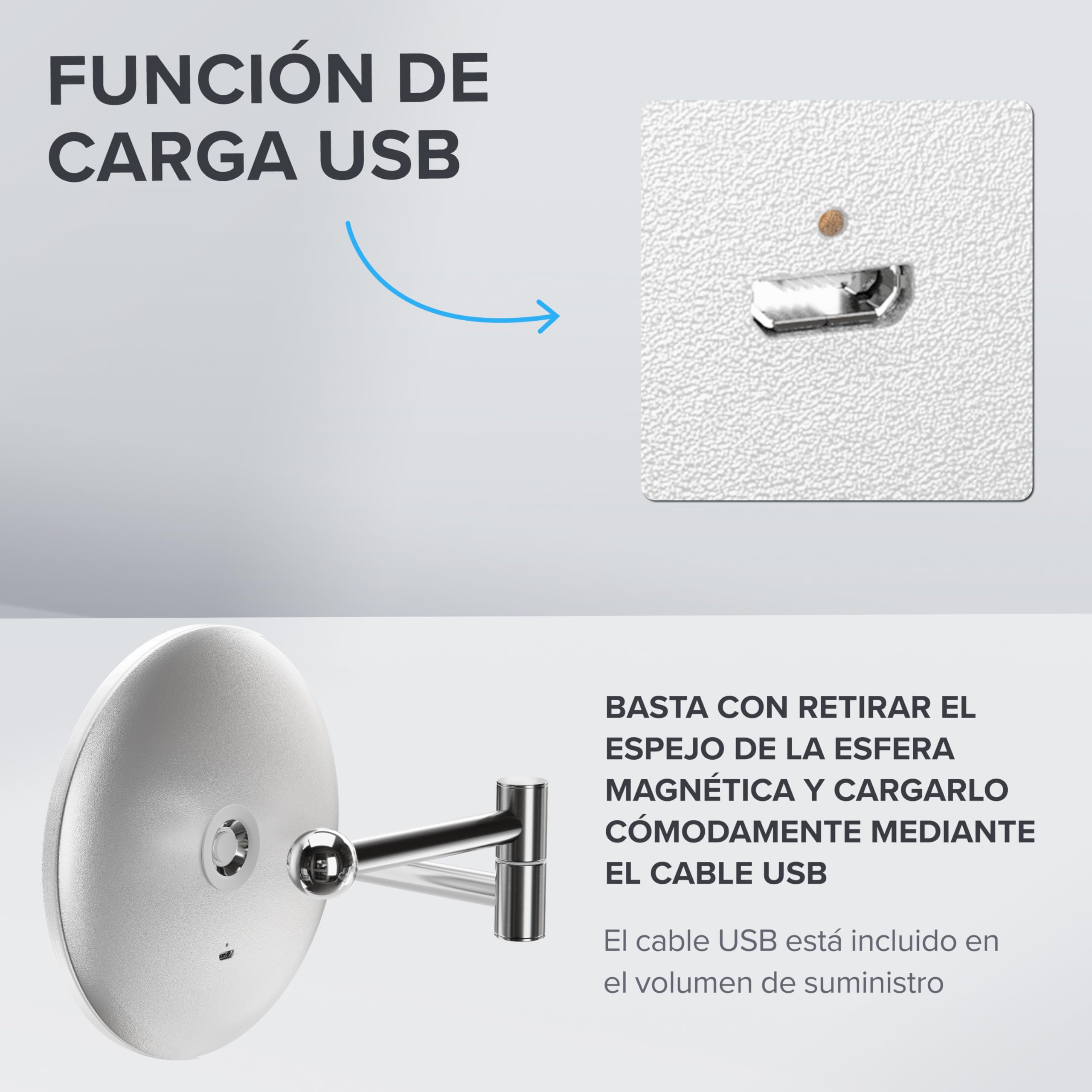 ovimar Vorupor - Espejo de maquillaje (360 grados, con iluminación, recargable, montaje en pared para taladrar, para baño, 5 aumentos, con luz)