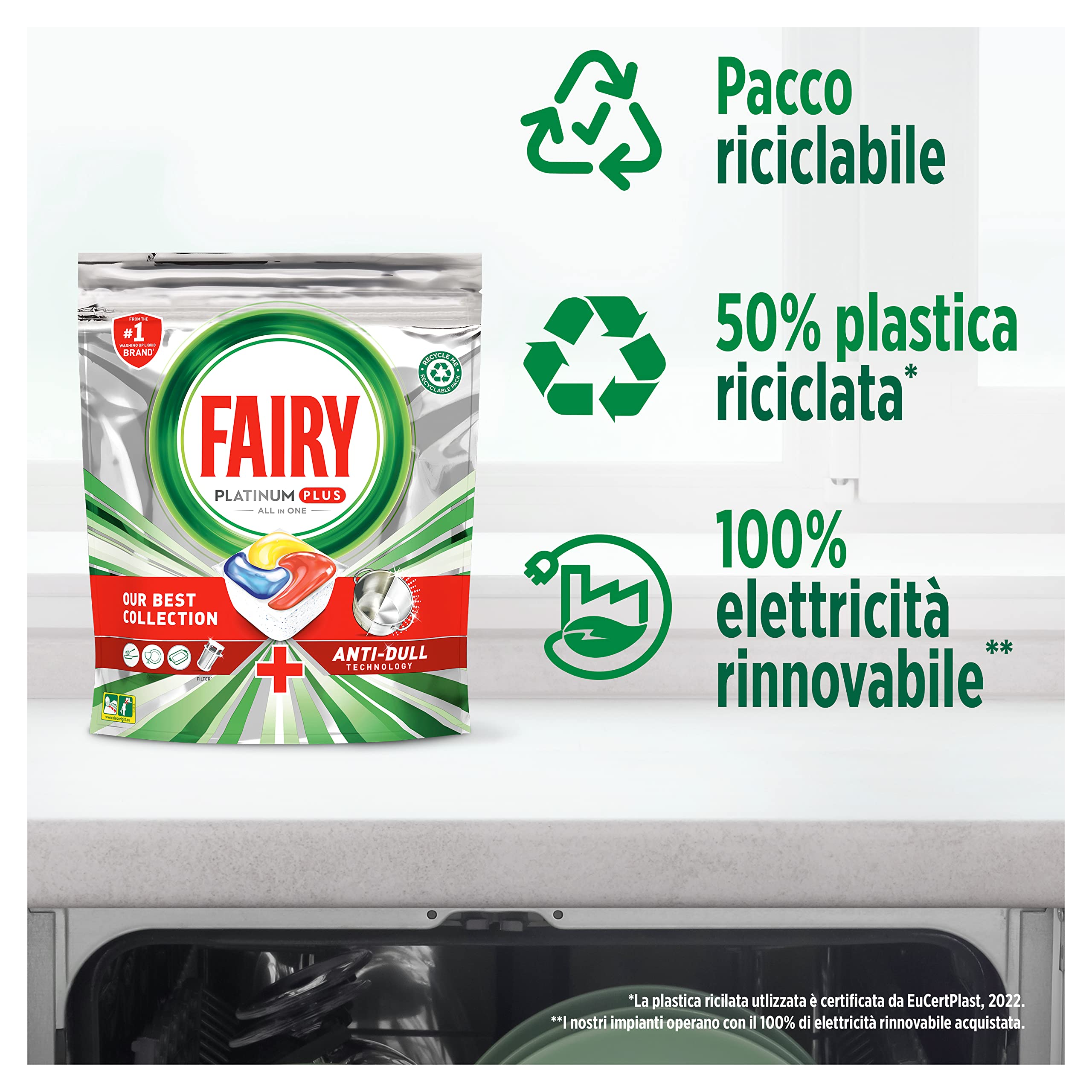Fairy Platinum Plus Tutto In Uno Brezza Di Erbe Fresche, Capsule Per Lavastoviglie, 100 Capsule, La Migliore Pulizia Di Fairy Per Stoviglie Come Nuove, Rimuove L’Opacità E Previene Il Calcare