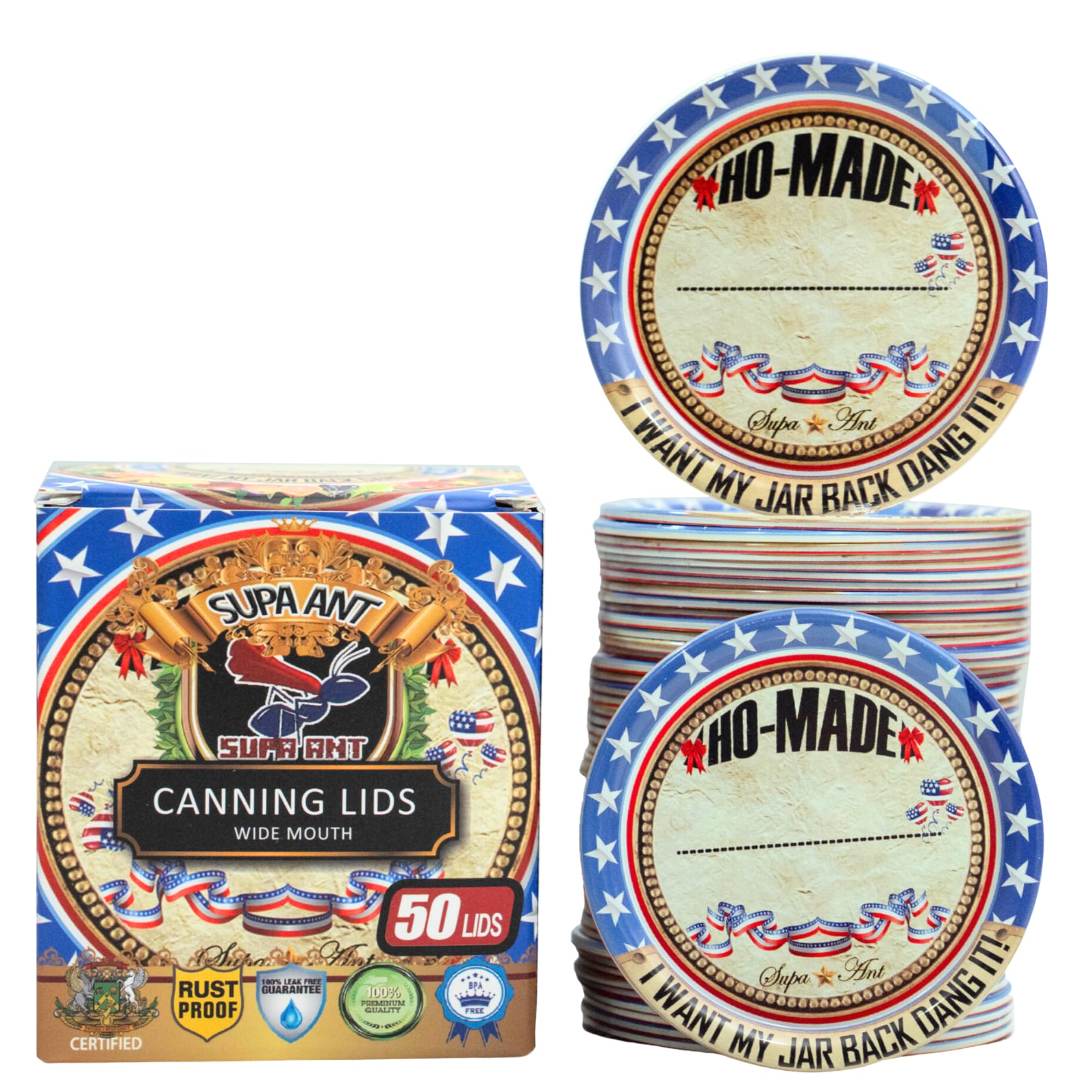 Supa Ant Thickest Canning Lids Wide Mouth (50 Pcs.) Food Grade Tin Can Lids for Canned Food - Buckle Proof & Rust Proof Lid for Canning Kit for Wide