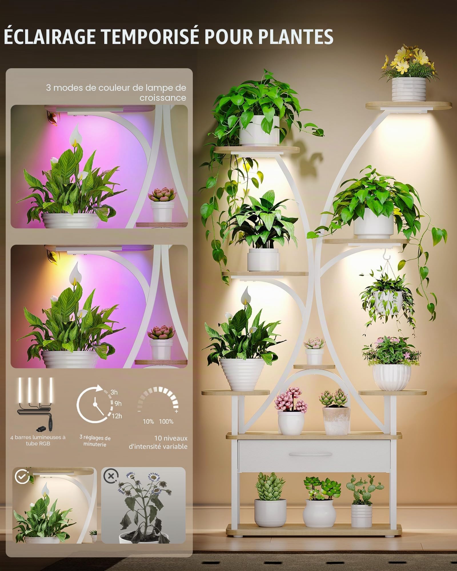 Hzuaneri Support Plantes avec Lumière de Croissance, Support de Fleurs à 9 Niveaux avec 4 Lampes LED R-G, Couleur et Timing Réglables, pour Salon, Balcon, Jardin, Blanc, PS16016WEU