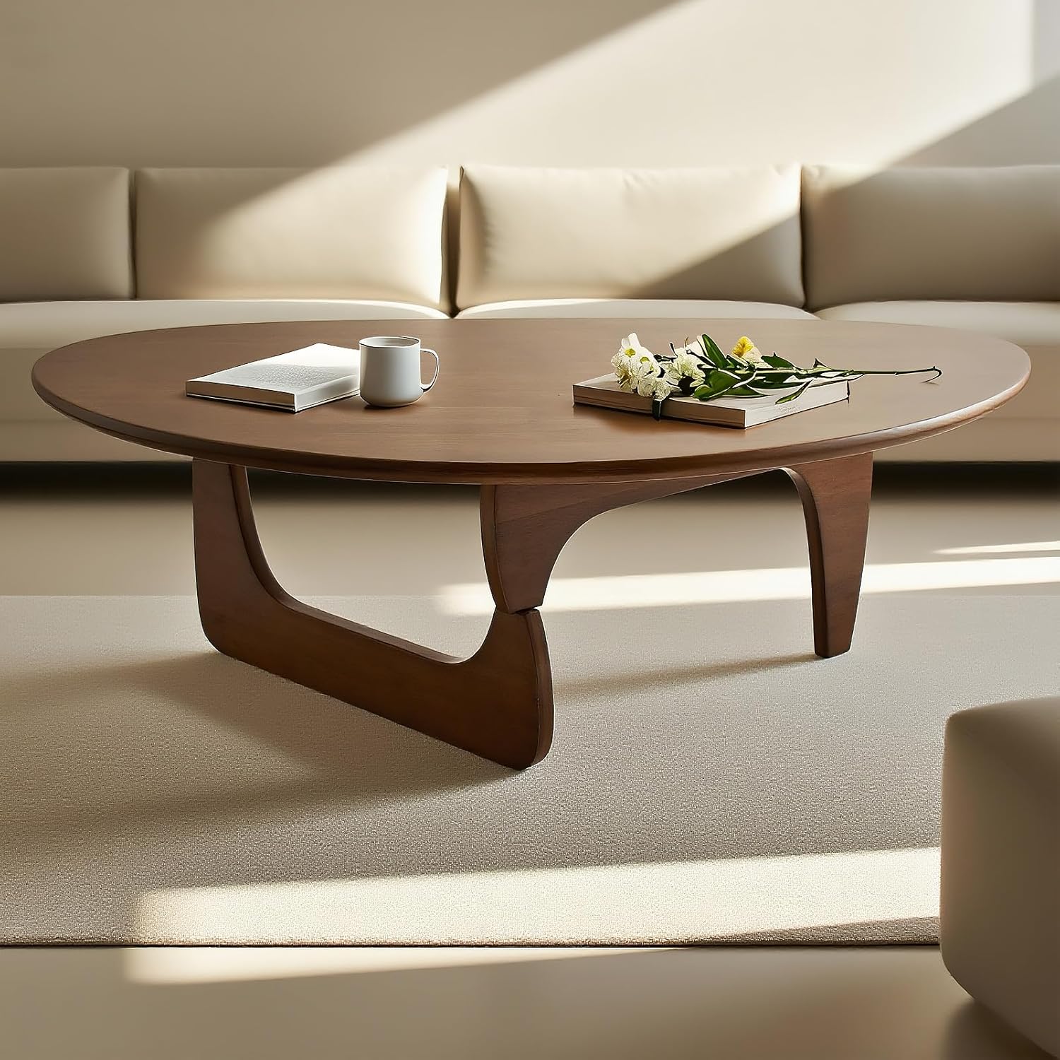 Modern Triangle Coffee Table: Unique Funky Soild Wood Coffee Tables for Living Room, Wooden Oval Mid-Century Modern Abstract Tea Tables for Patio Office Balcony Walnut 33\" L x 22\" W x 16\" H Walnut 33\"Lx22\"Wx16\"H INCOMPLETE 
