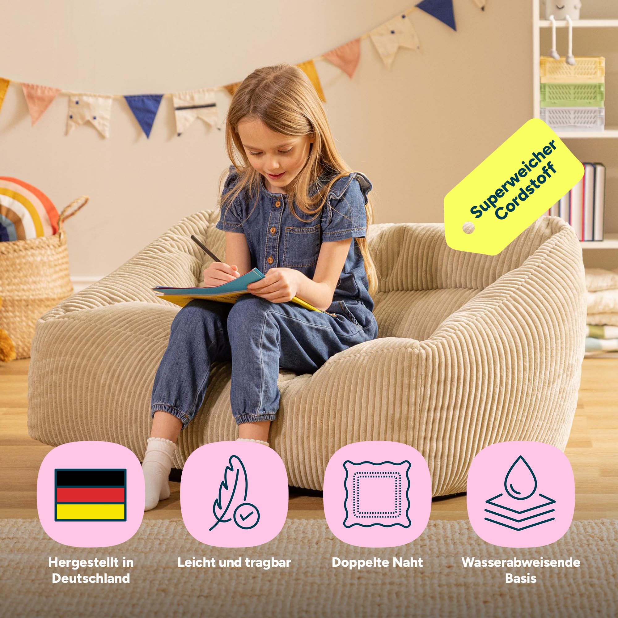 Icon Natalia Sitzsack Kinder Sofa, Beige, Flauschiger Cord Stoff, Sitzsack Cord mit Füllung, Bequemer Kinder Sessel, Kuschelsessel, Lese Sessel, Schlafzimmer, Kinderzimmer, Jugendzimmer