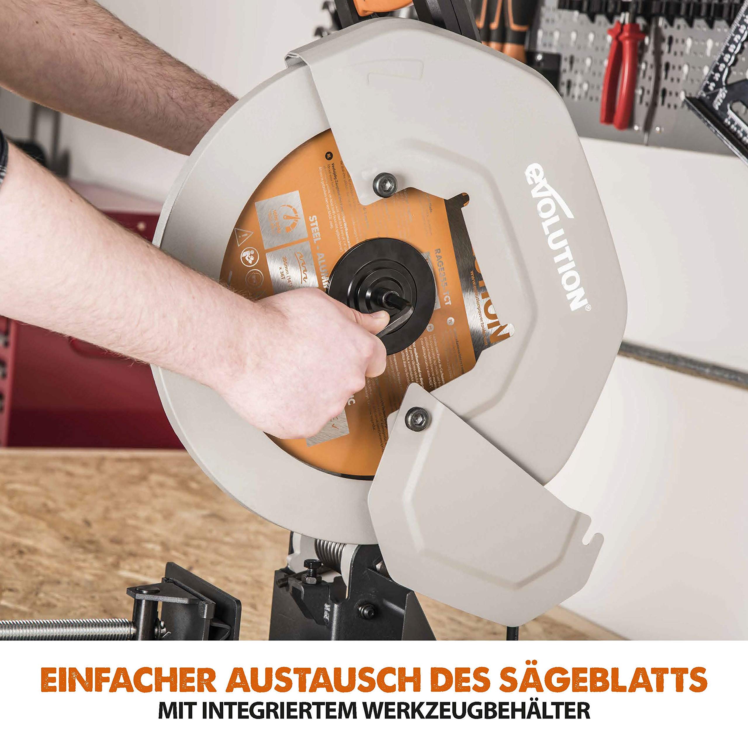 Evolution R355CPS Cut-off Saw Compound Mitre Saw 2200 W | Includes Ø 355 mm HM Saw Blade Multi-Material Cutting Wood, Aluminium, Steel, Plastic | Cutting Capacity of 120 x 120 mm | 0-45˚ Mitre Angle