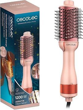 Cecotec CeramicCare Single Peach Volumizing Air Brush, 1200W, Detangles, Dry, Volume, Smoothes and Waves, Ceramic Coating with Keratin and Argan Oil, 3 Modes