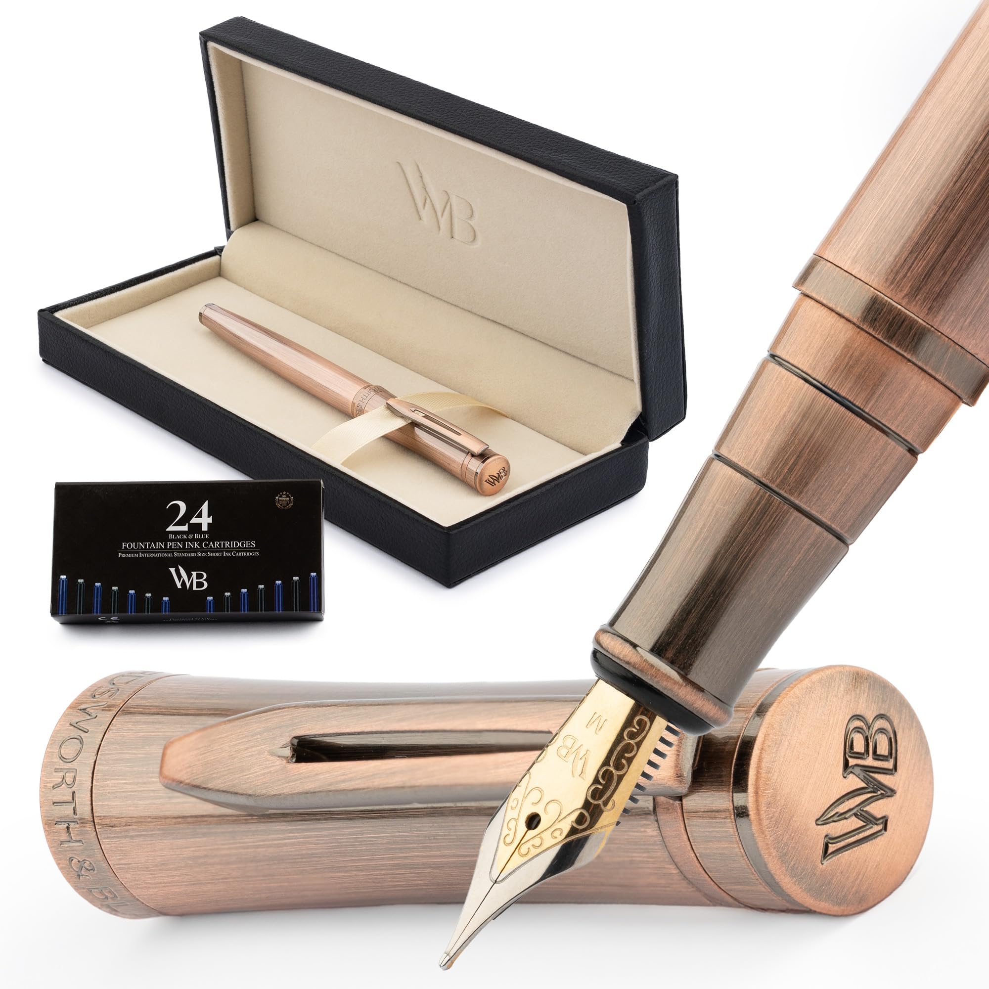 Wordsworth & Black Luxury Fountain Pen, Stunning Brushed Copper Pen, 18K Gilded Nib (Medium), Ink Converter