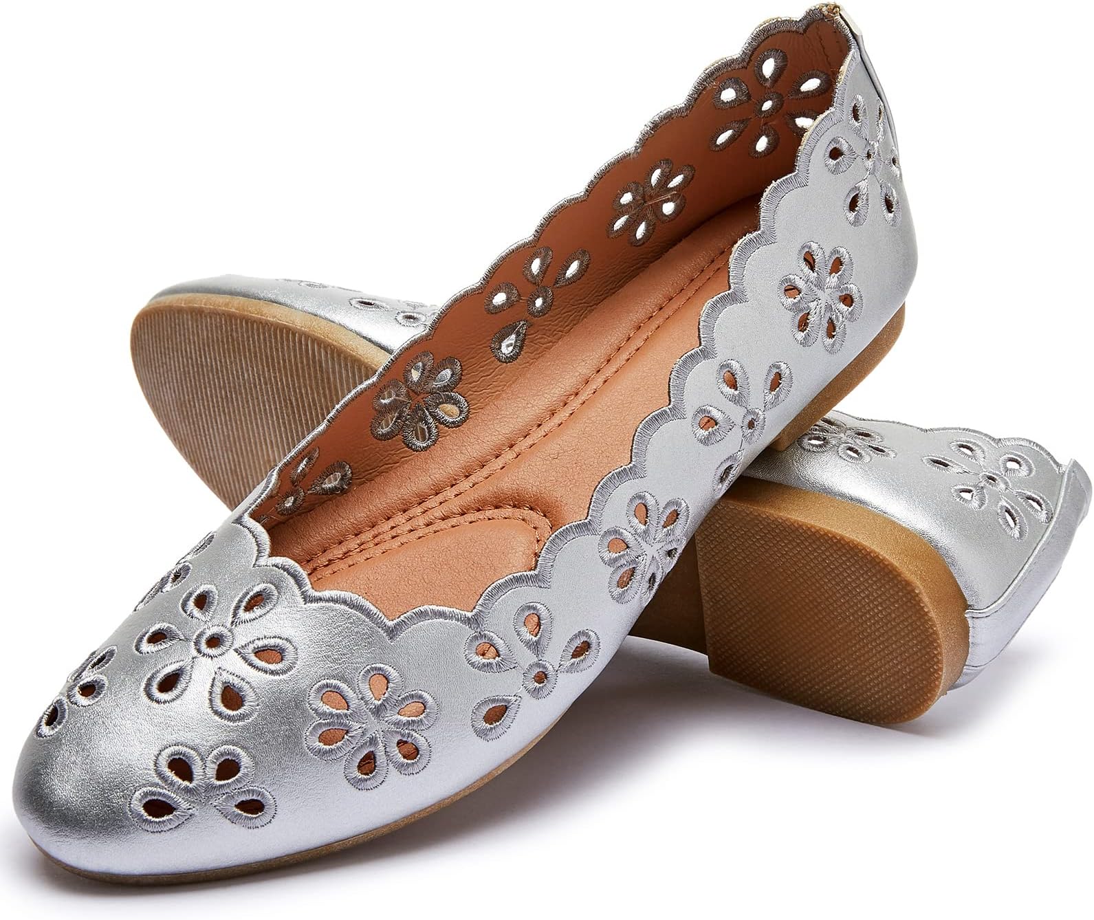 Women's Ballet Flats Black PU Leather Dress Shoes Comfortable Round Toe Slip on Flats with Breathable Eyelets