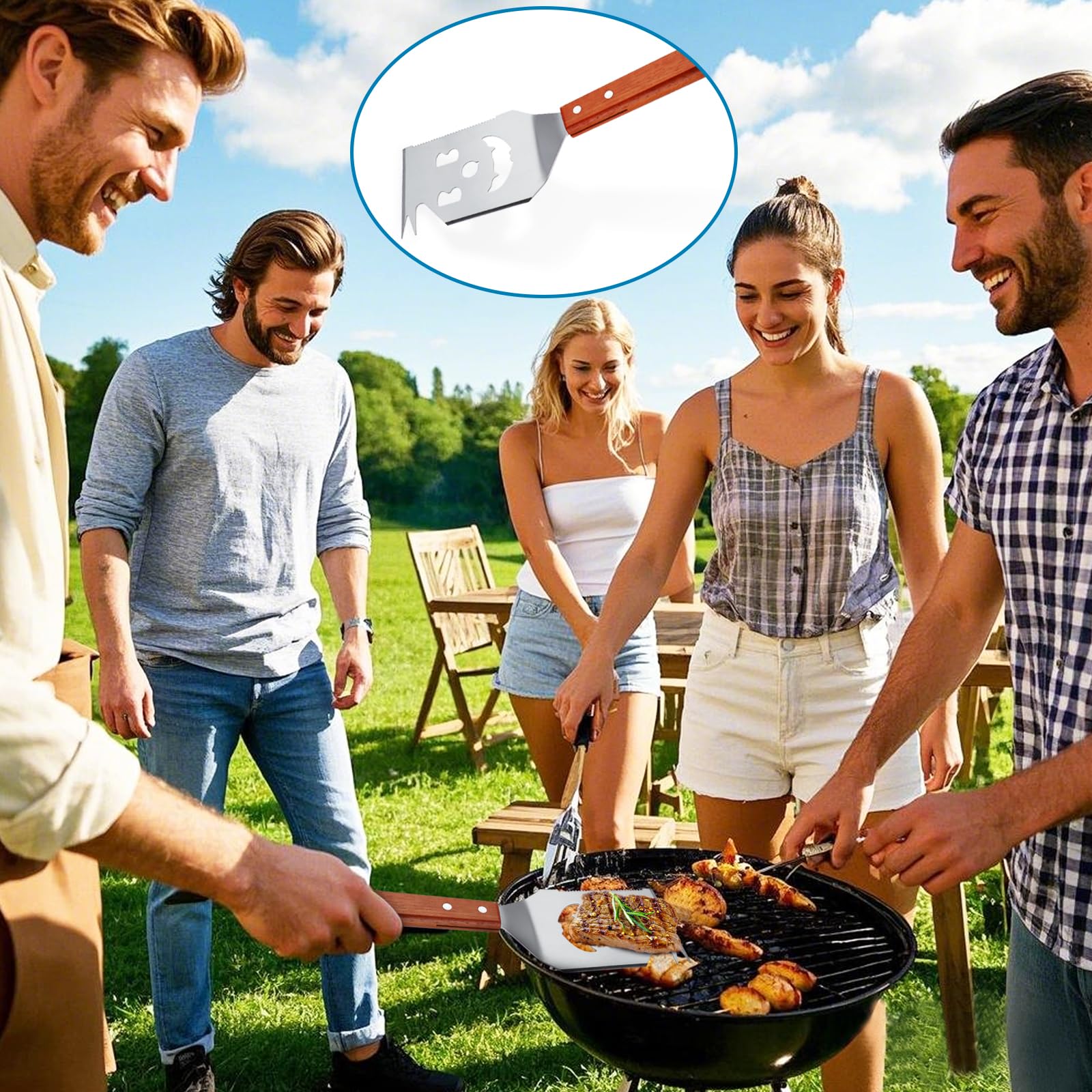 Spatule Barbecue 7 en 1, Ustensiles barbecue avec spatule, Accessoires de Barbecue Extra Longs, Meilleurs Cadeaux de Barbecue pour Hommes Uniques, Couverts de barbecue multifonctions avec manche