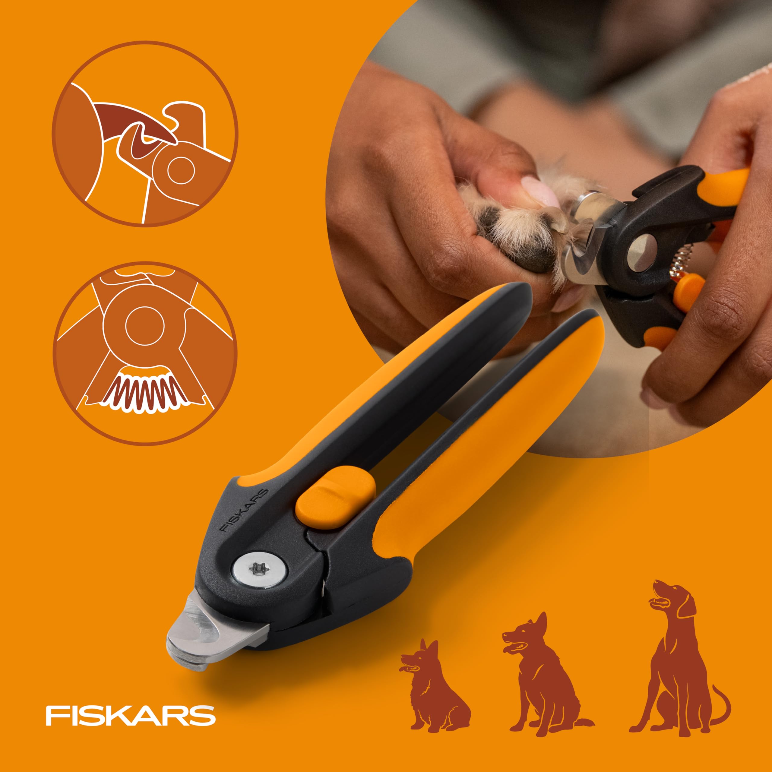Fiskars Tagliaunghie grande per animali domestici, tagliaunghie per cani e gatti, lama semicircolare e manico SoftGrip con blocco di sicurezza, 14,6 cm, arancione/nero